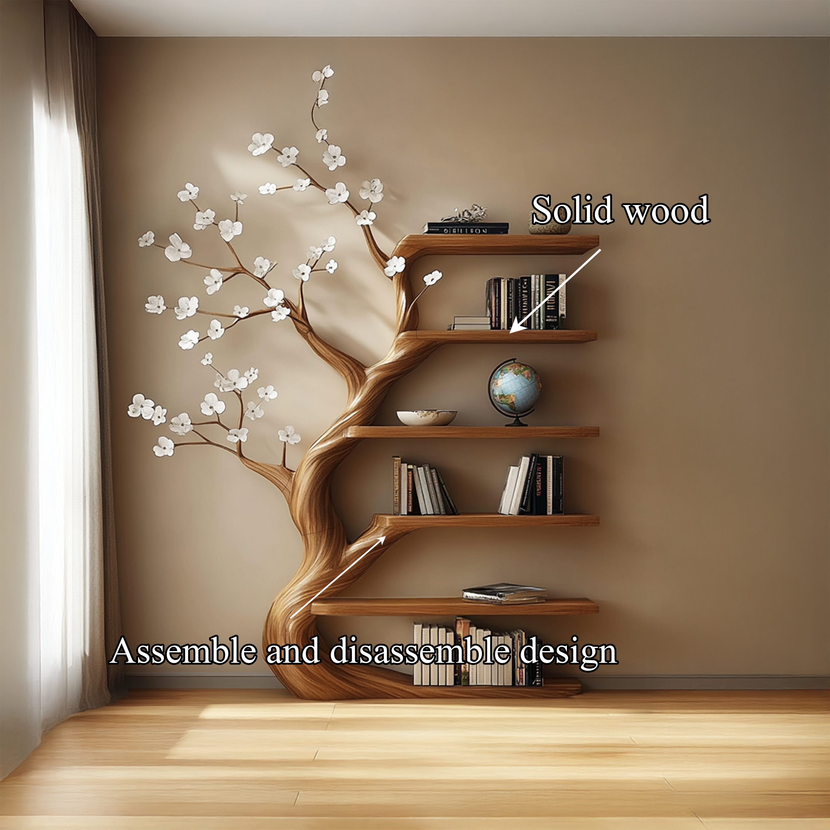 Rustic Tree Bookshelf Living Room Flower Design SINLSATB315
