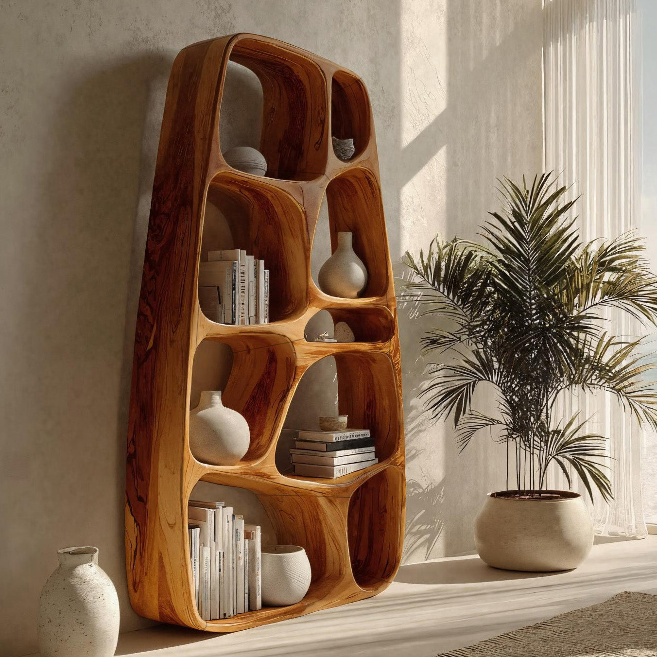 Handcrafted Wooden Sculptural Bookshelf For Living Room RTTHHNBS138