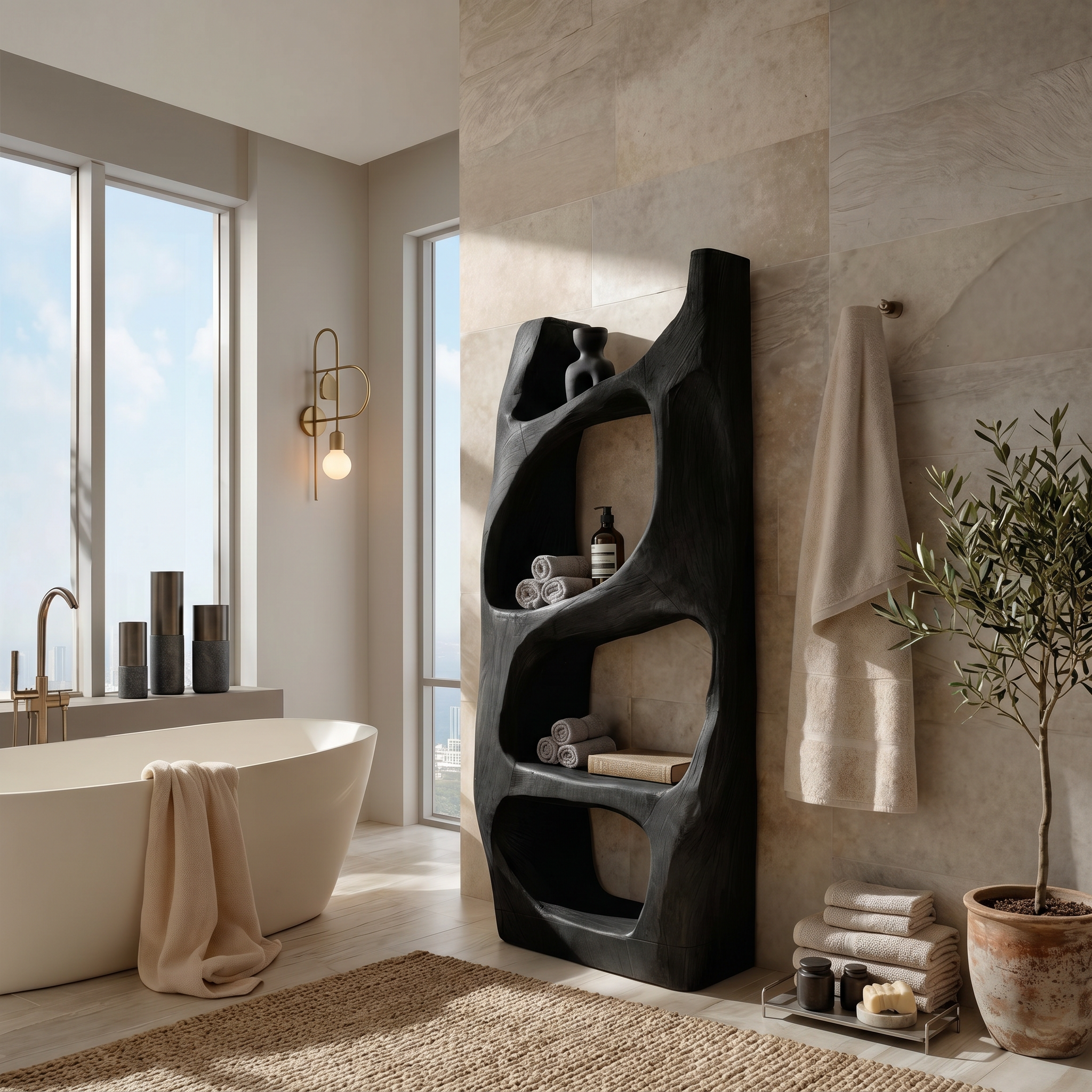 Handcrafted Sculptural Bathroom Shelf For Towels Or Spa Storage SITHTTBAS002
