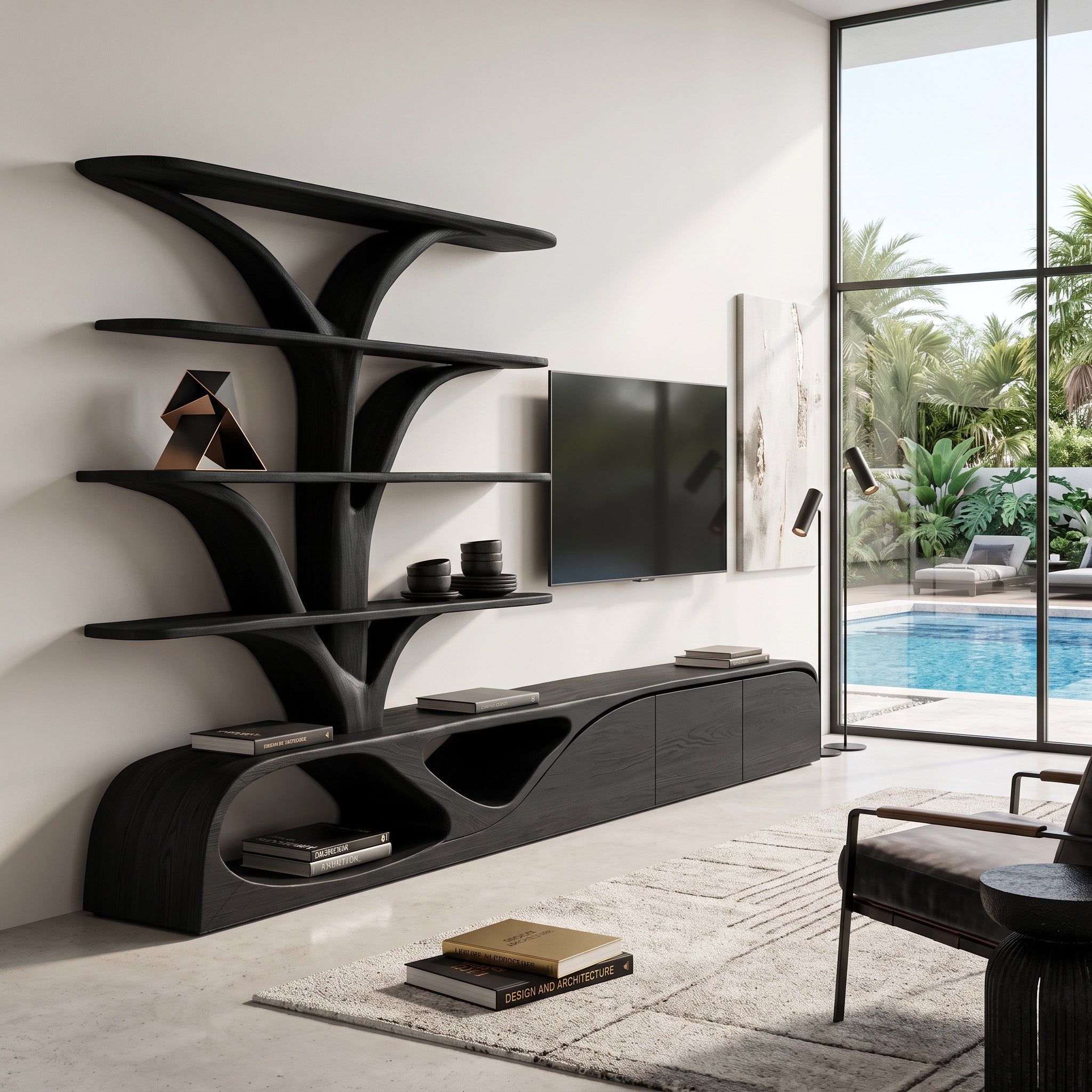 Organic TV Shelf With Tree Shape Bookshelf For Living Room SITHHNTVC043
