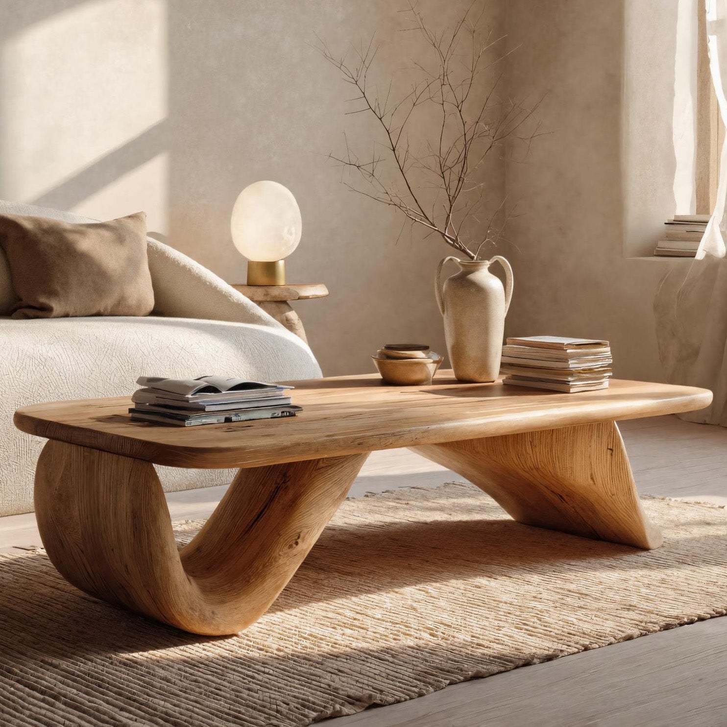 Organic Wood Coffee Table With Sculpted Curved Base For Living RTTHHNCF064