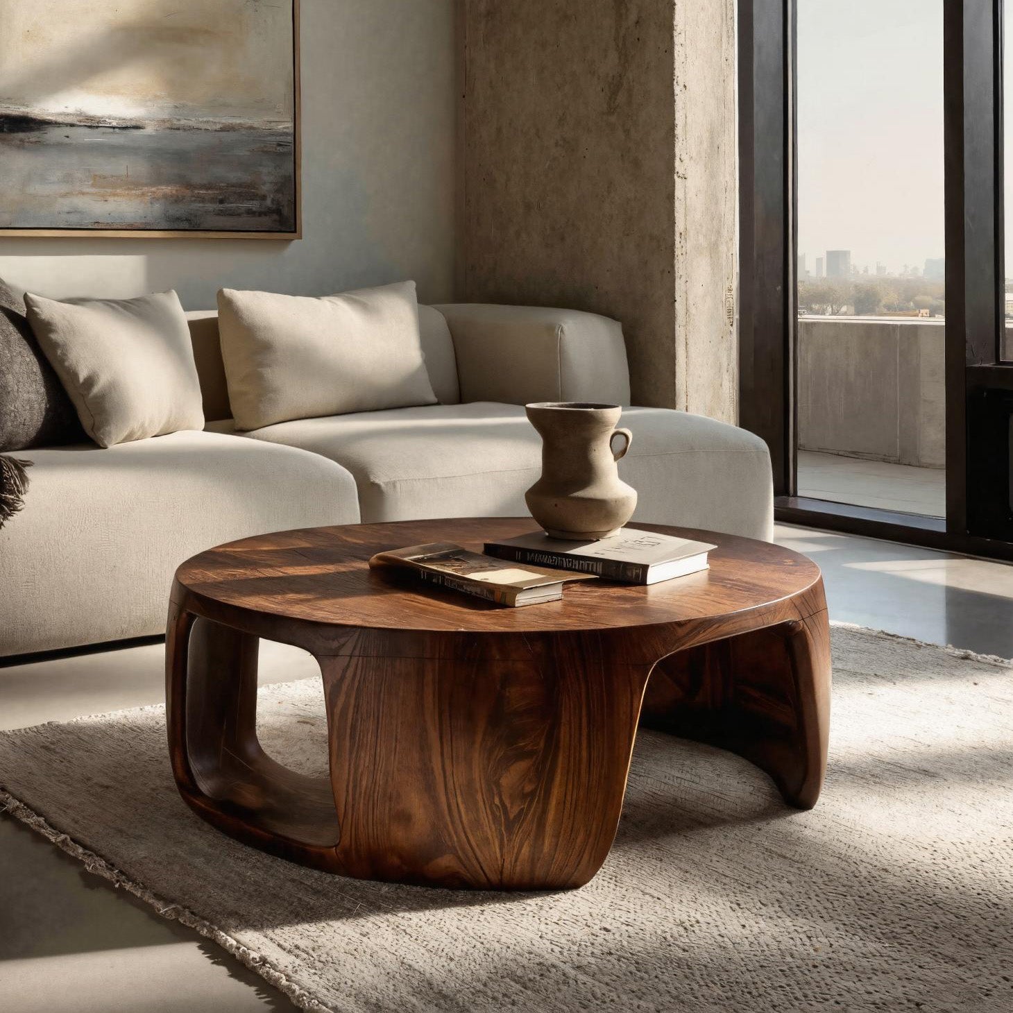 Minimal Wood Round Coffee Table With Sculptural Form For Home RTTHHNCF069