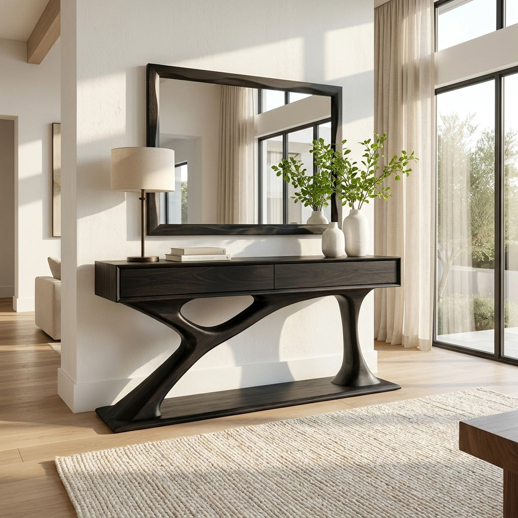 Contemporary Wooden Console Table With Sculptural Base For Living Room RTTHHNCS042