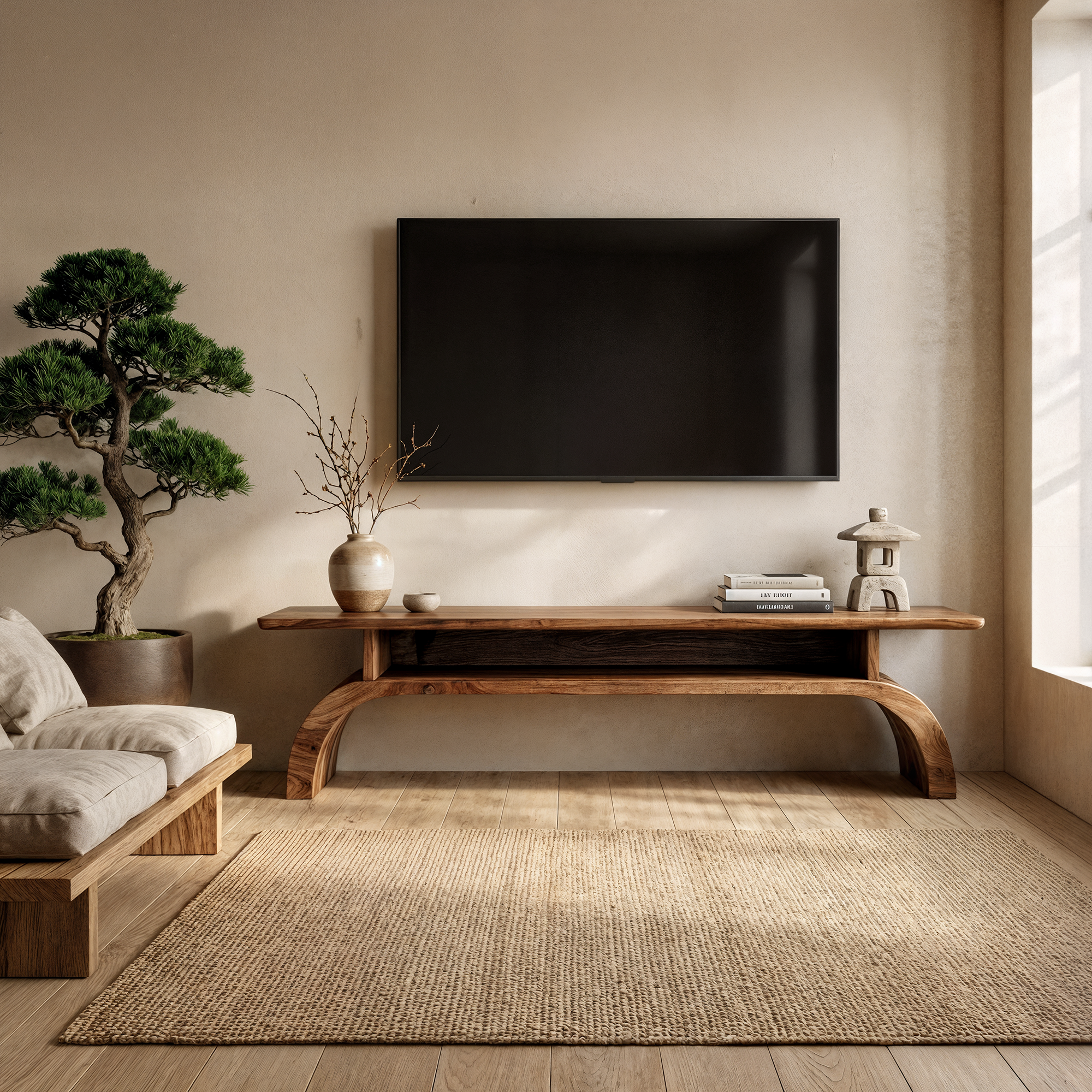 Rustic Solid Wood TV Stand Low Profile Curved Base Living Room SINLKITS008