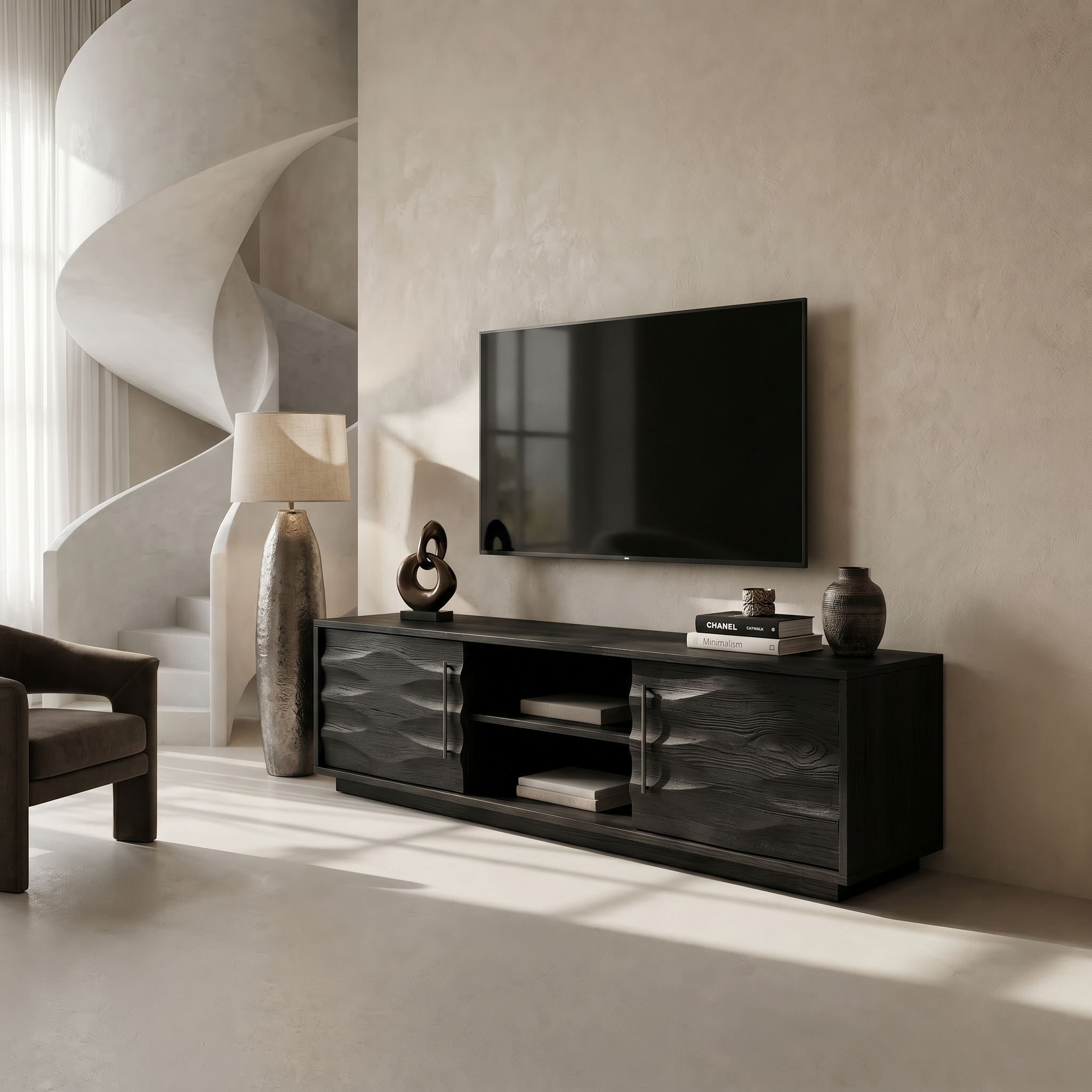 Rustic Curved Media Console For Mediterranean Interior SILDTTRTVC086