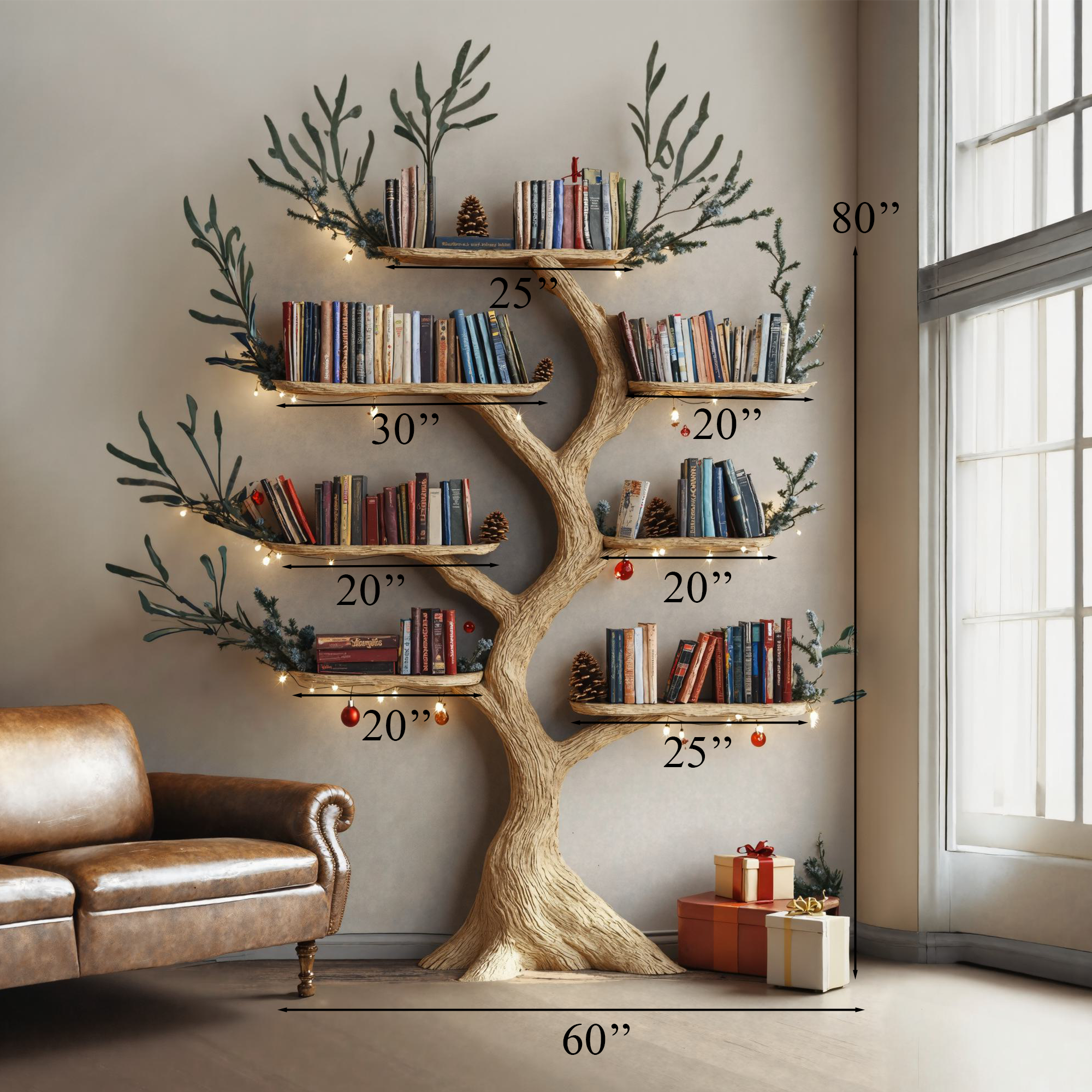 Solid Wood Tree Branch Bookcase Wall Mount Montessori SINLTB077