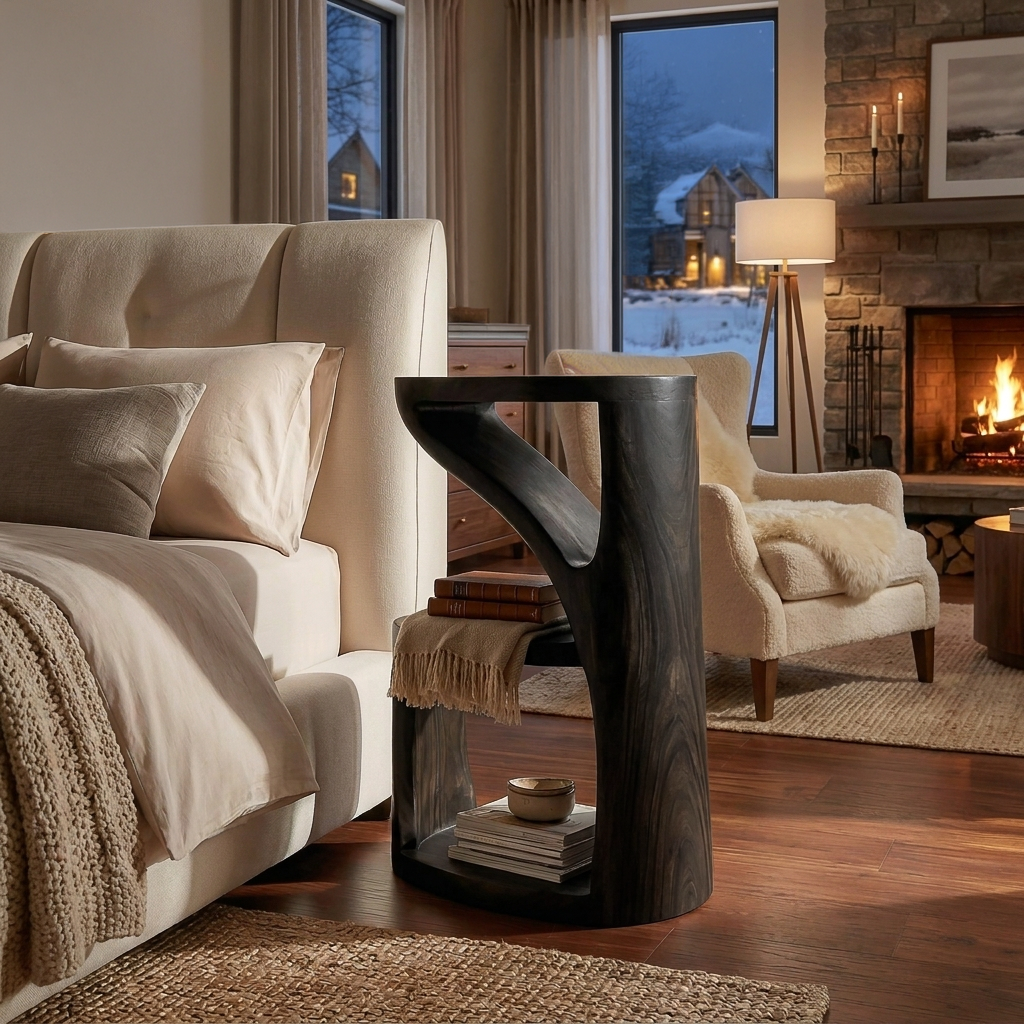 Elegant Wooden Nightstand With Sculptural Two Level For Bedroom RTTHTTNS036