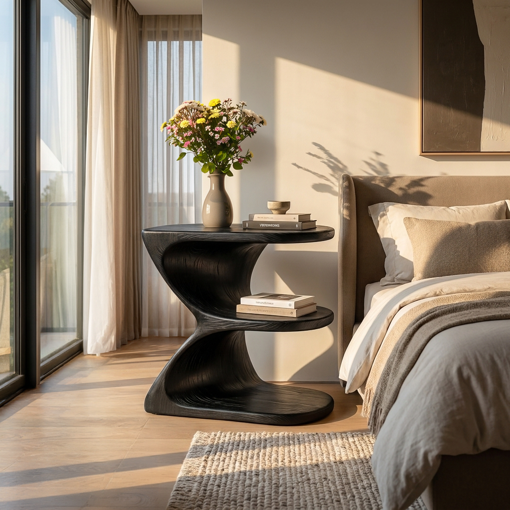 Modern Natural Wood Nightstand With E Shape For Bedroom RTTHTTNS041