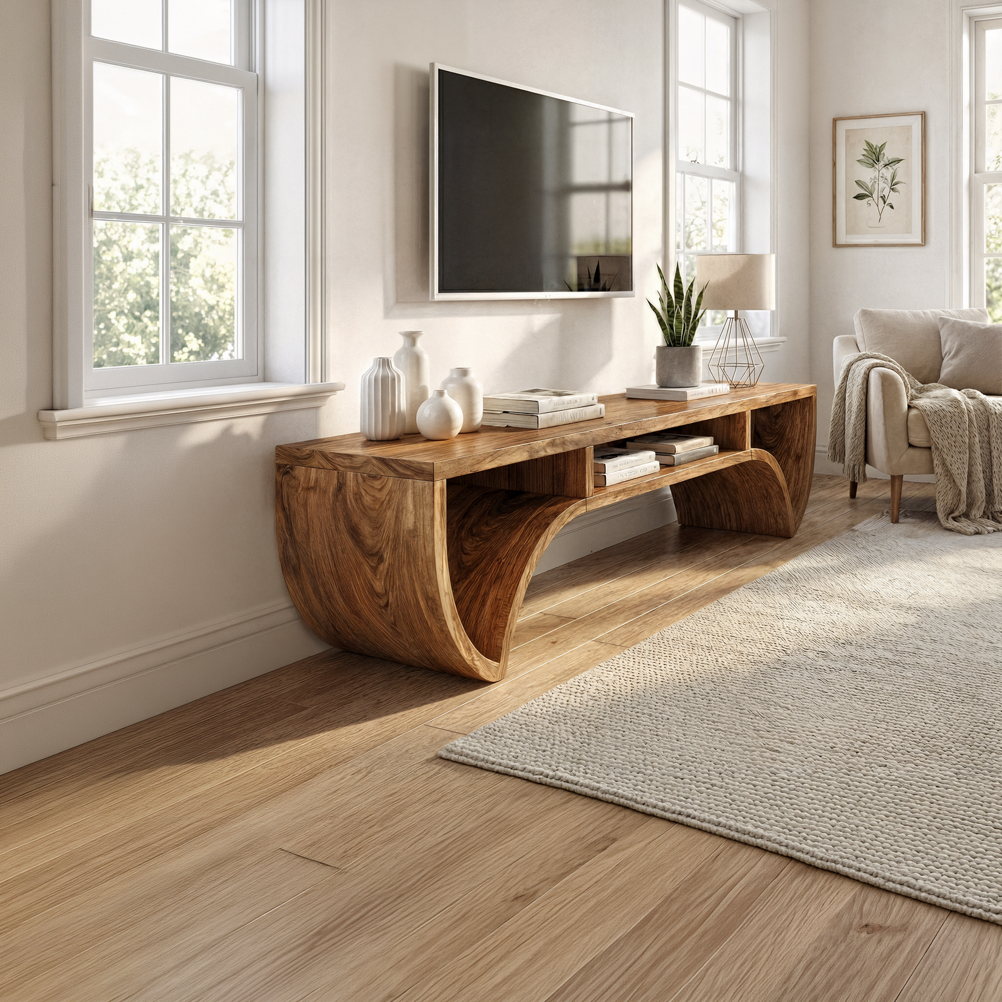Rustic Solid Wood TV Stand Curved Base Storage Shelf Living Room SINLKITS007