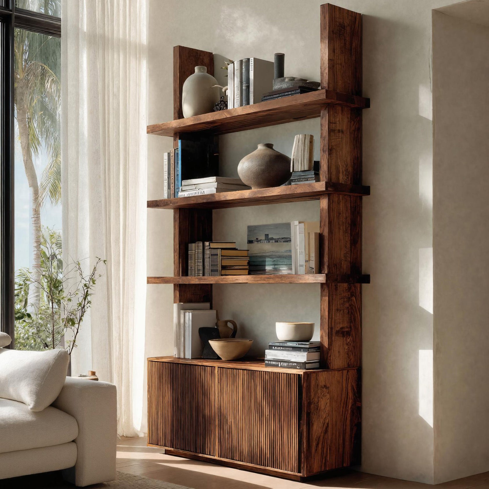 Contemporary Fluted Wood Bookshelf For Living Decor RTTHHNBS145