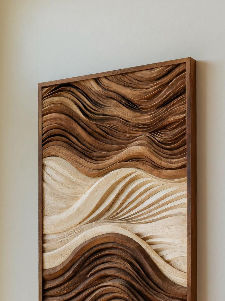 Vertical Sculptural Wall Art With Wave Carved Design For Entryway SITHHNWA044