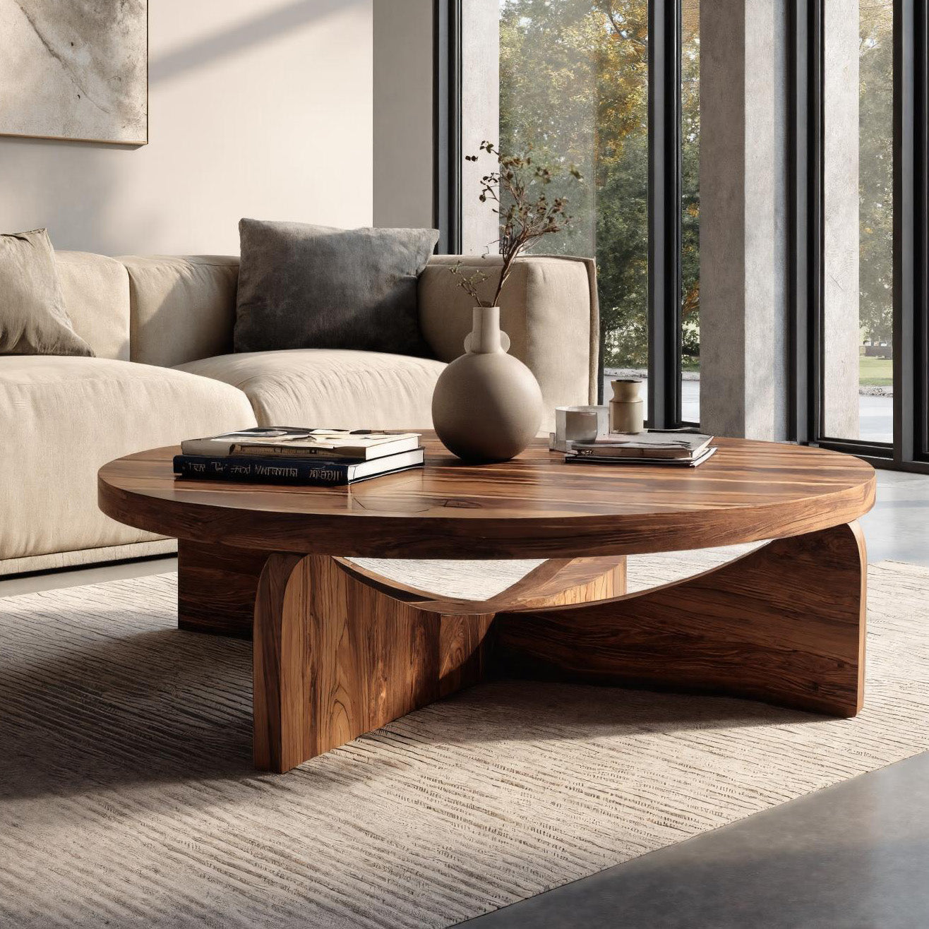 Modern Round Wood Coffee Table With Unique Base For Living RTTHHNCF071