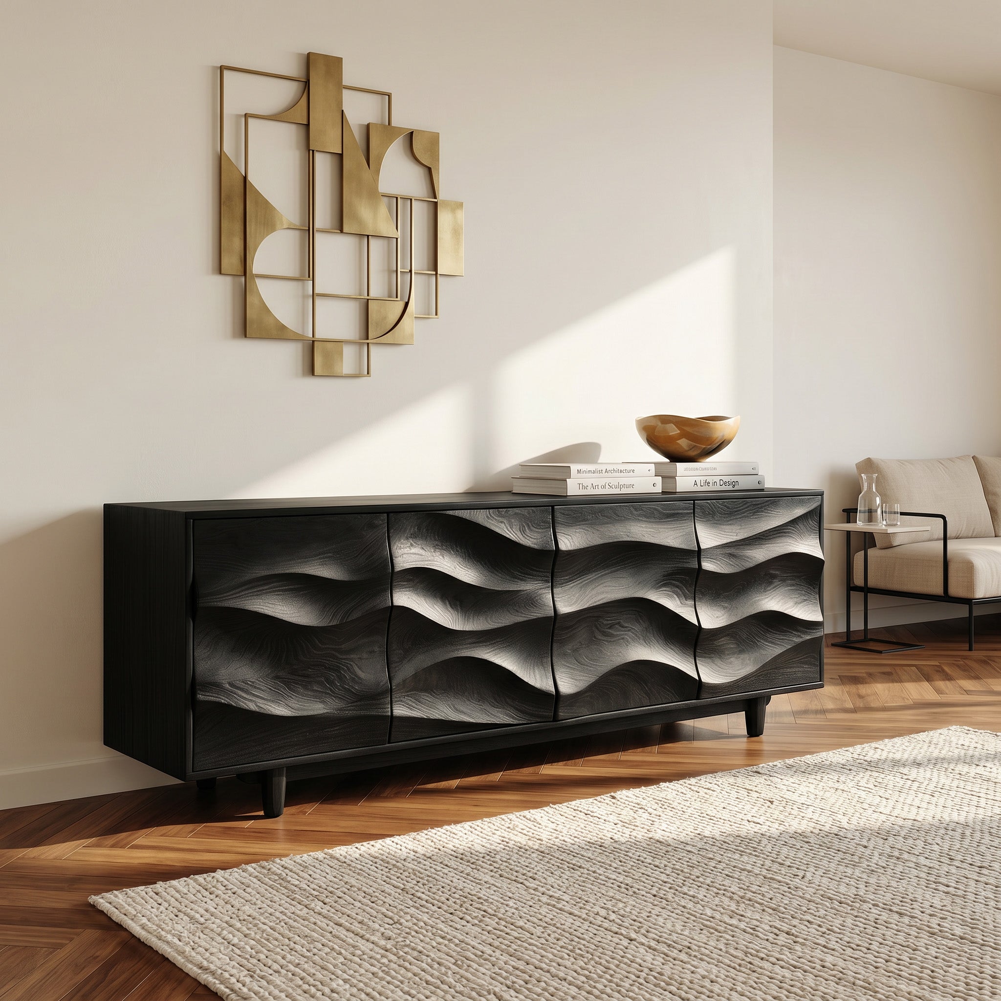 Rustic Wooden Sideboard With Undulating Doors For Living Room RTTHHNSD040