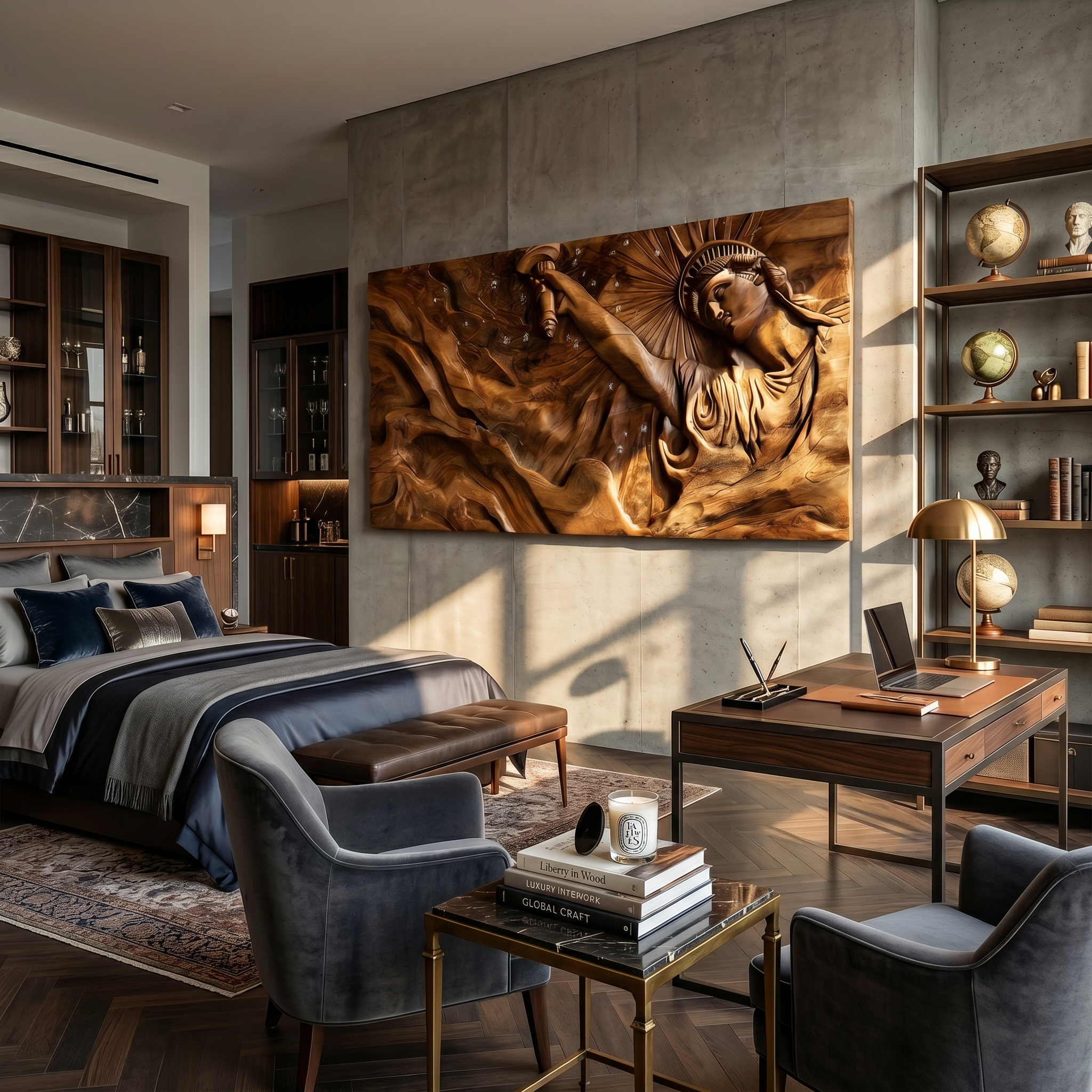 Contemporary Luxe Liberty Wood Wall Art Reception Lobby Interior Design SILDTTRWA122