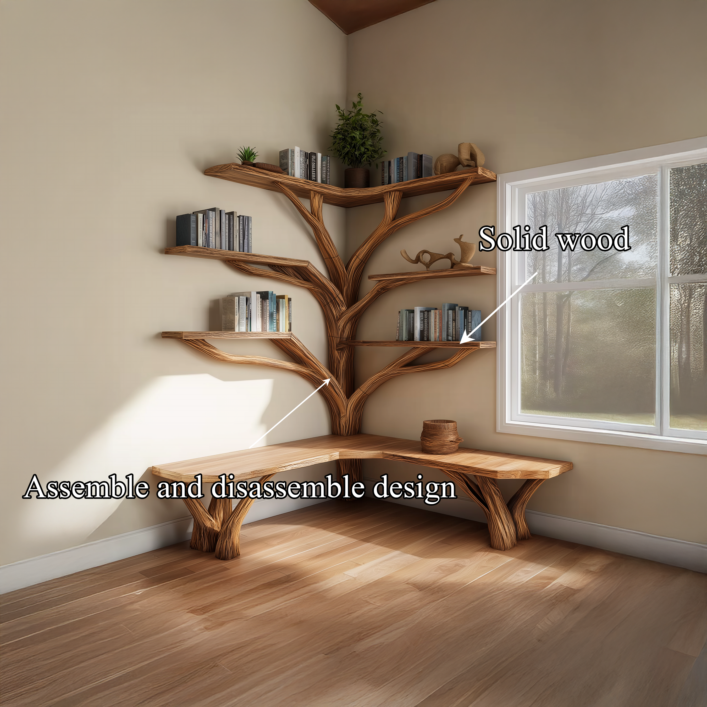 Rustic Corner Tree Shelf Reading Nook SINLSATB228