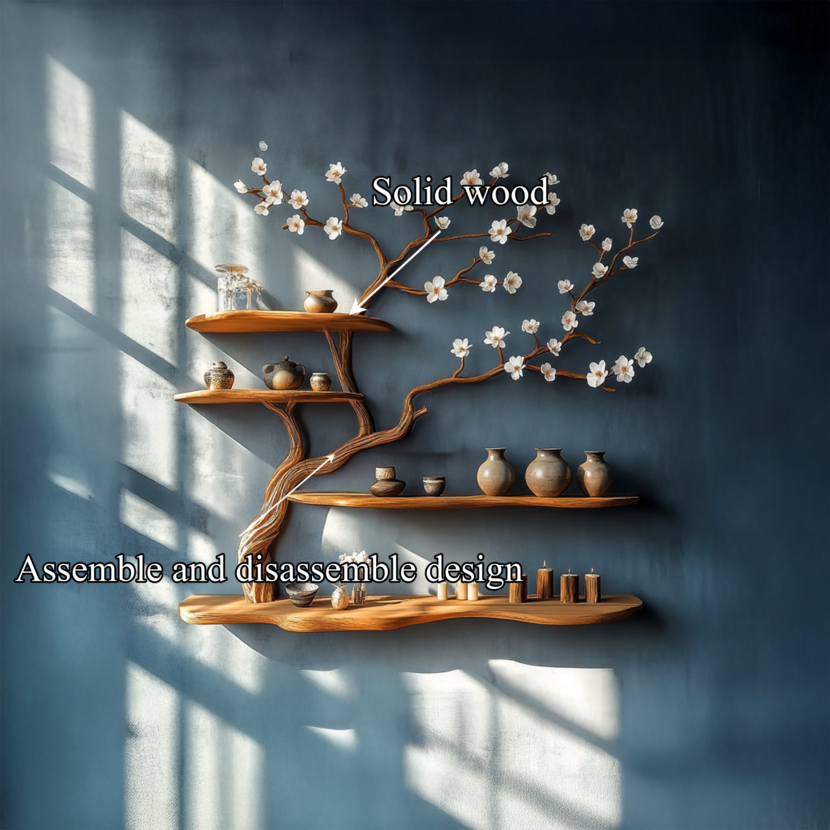Rustic Blossom Floating Shelf Solid Wood Wall Art Living Room SINLSATBS075