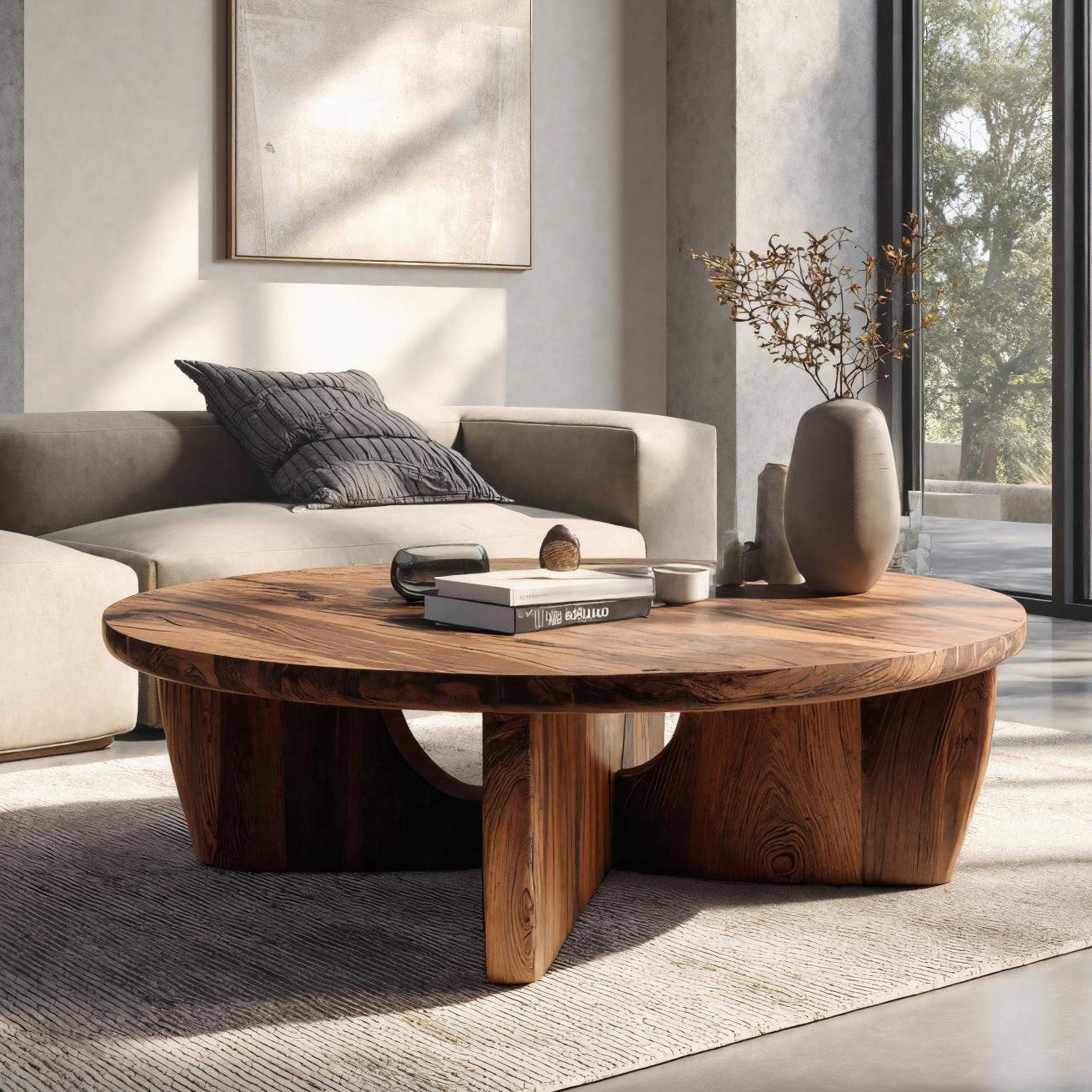 Round Wooden Coffee Table Unique Base Design For Home RTTHHNCF067