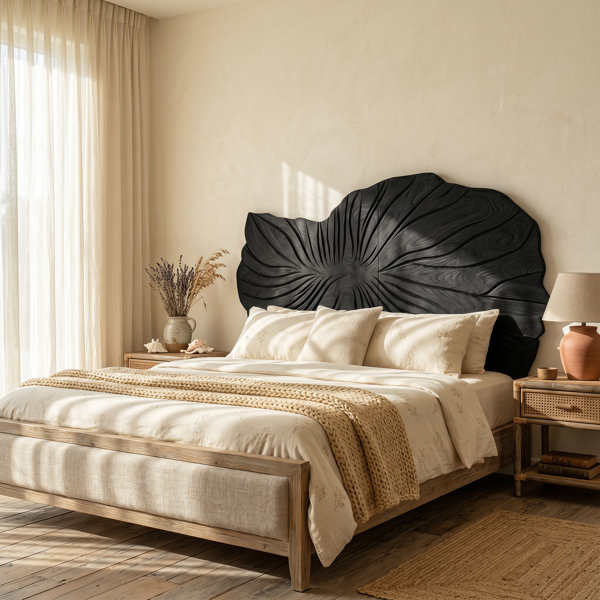 Sculptural Leaf Wood Headboard For Contemporary Neutral Bedroom SILDTTRHB009