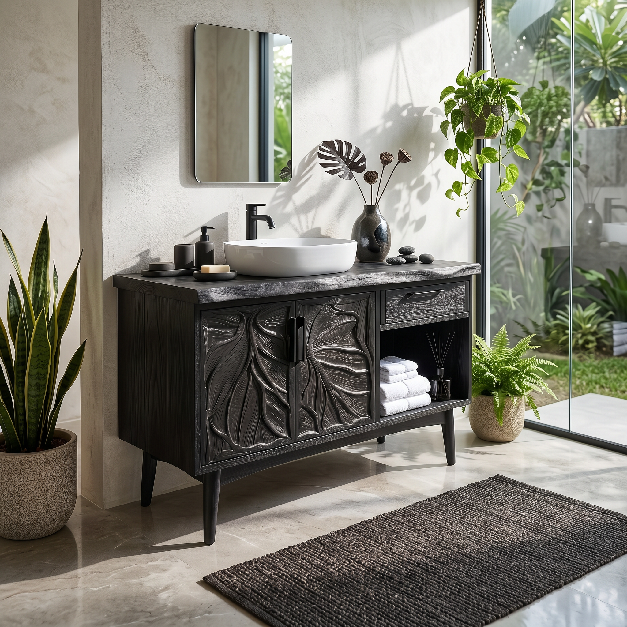 Tropical Wooden Vanity Cabinet With Carved Doors Spa Bathroom SILDTTRBRV142