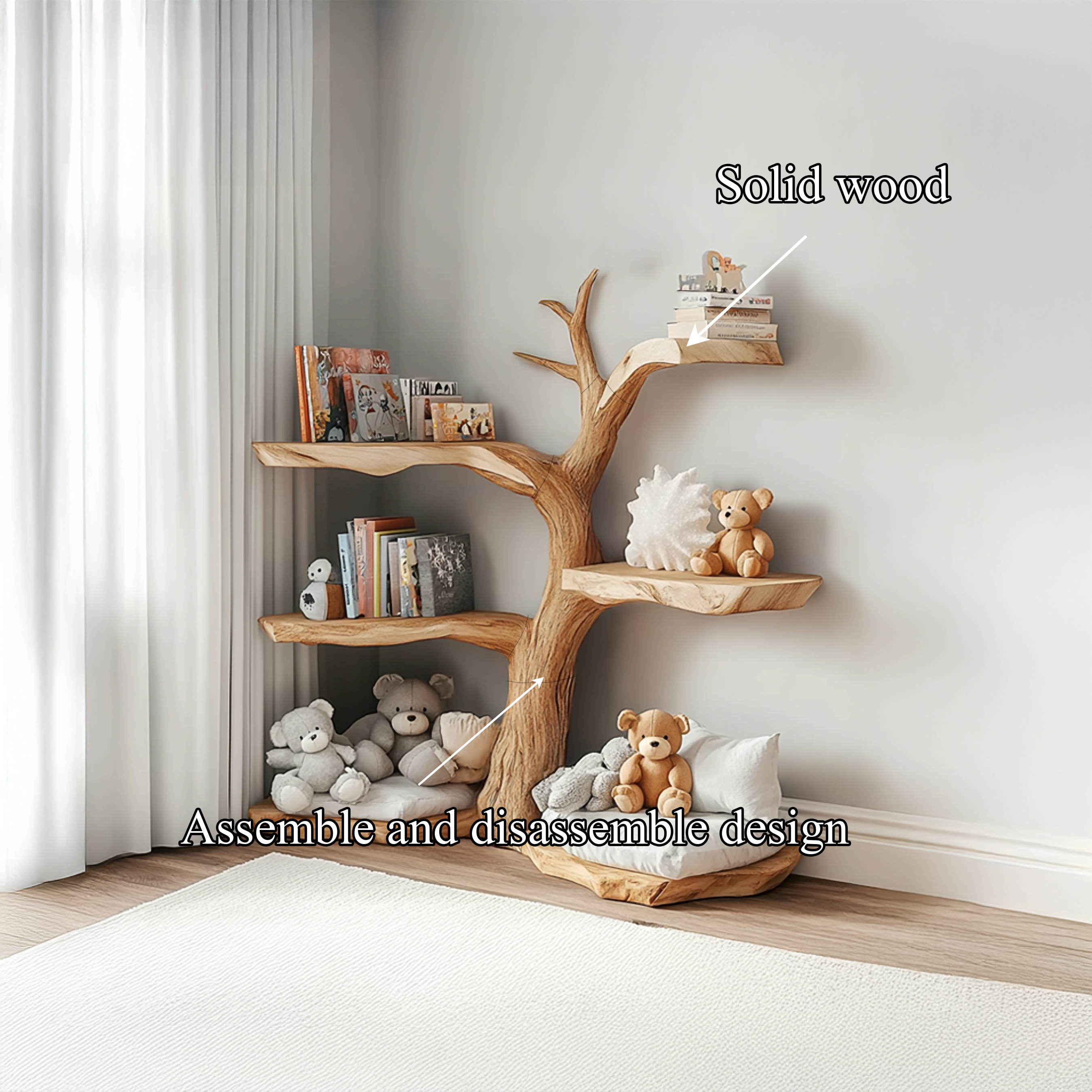 Rustic Corner Tree Bookshelf Kids Bedroom Organizer SINLSATB311