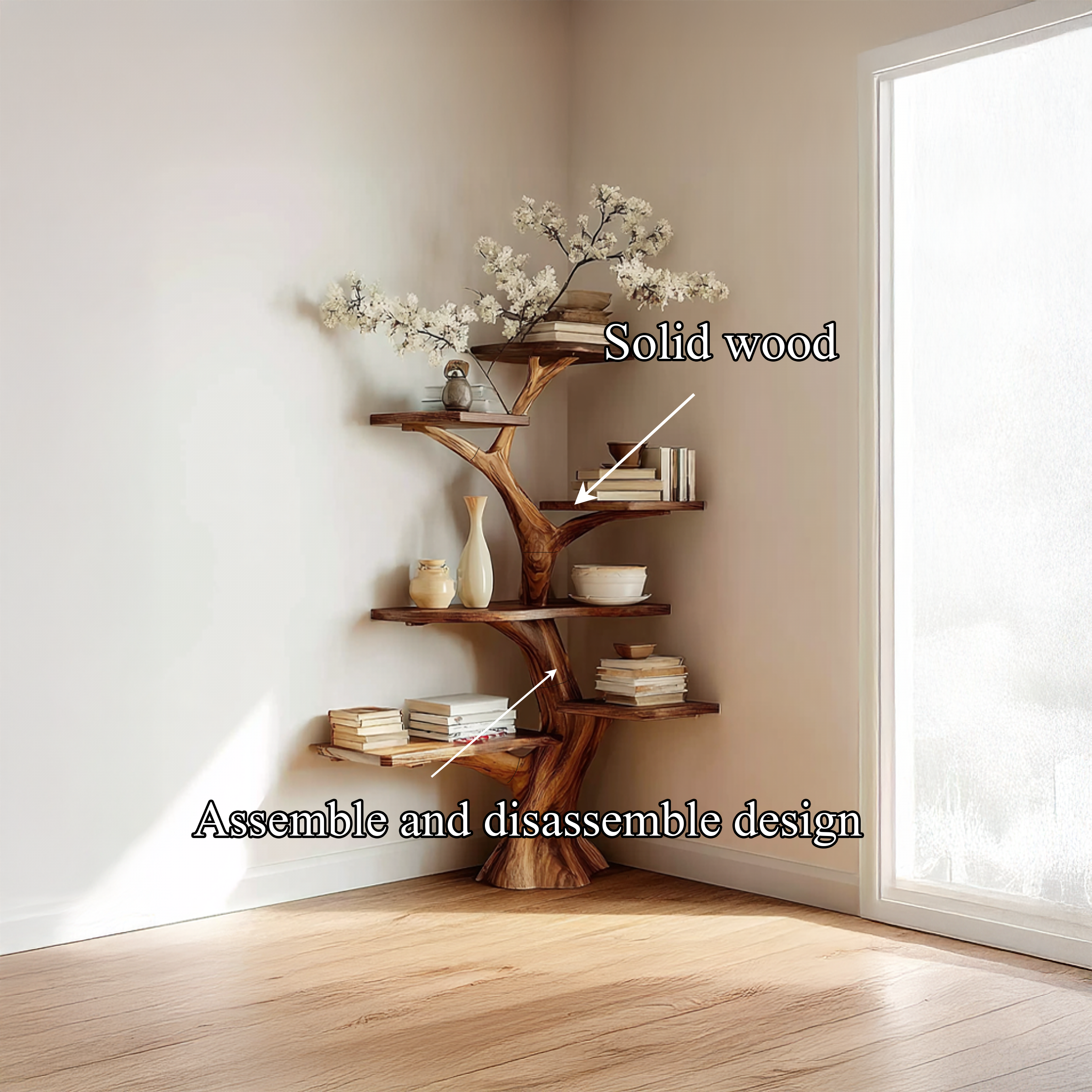 Rustic Corner Tree Bookshelf Living Room Wall SINLSATB309