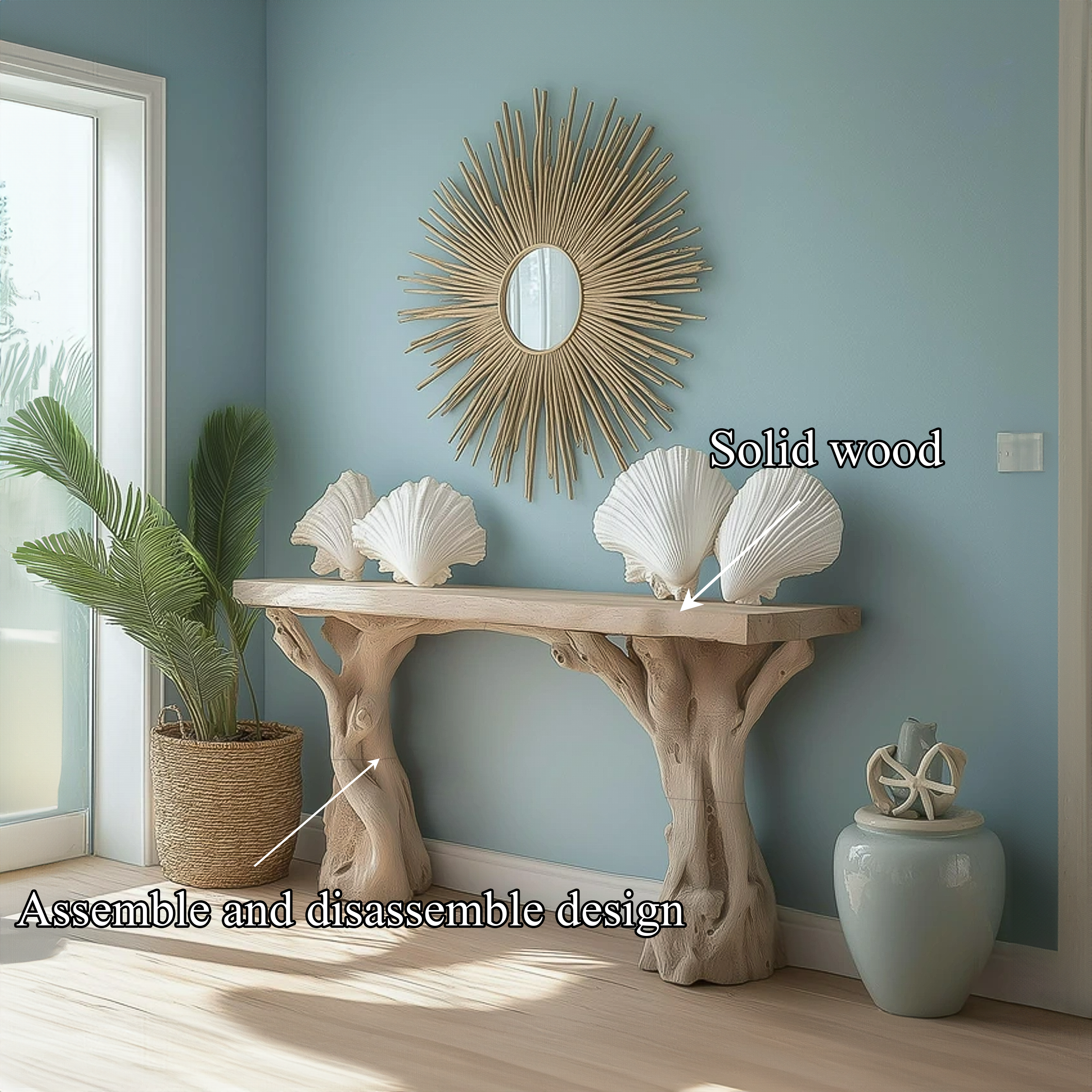 Beach Inspired Wooden Console Table Handcrafted Tree Form Design SINLSACS061