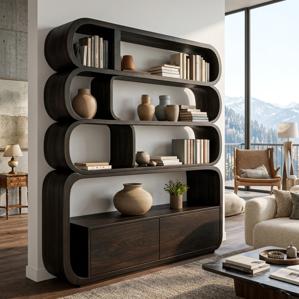 Modern Natural Wood Bookshelf With Curved Structure For Living Room RTTHTTBS117