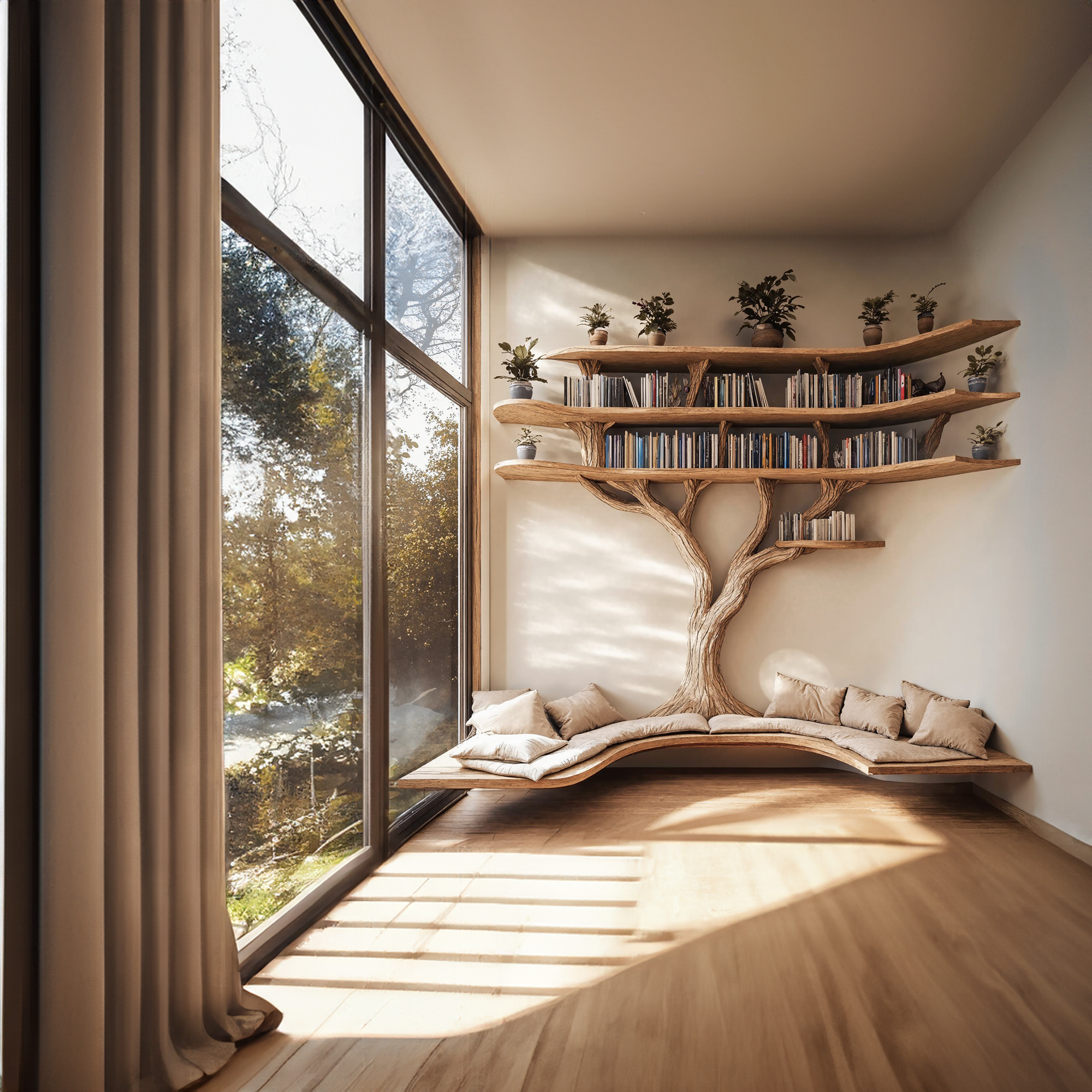 Driftwood Branch Tree Bookshelf With U Shaped Bench Custom Corner Bench SINLTB105