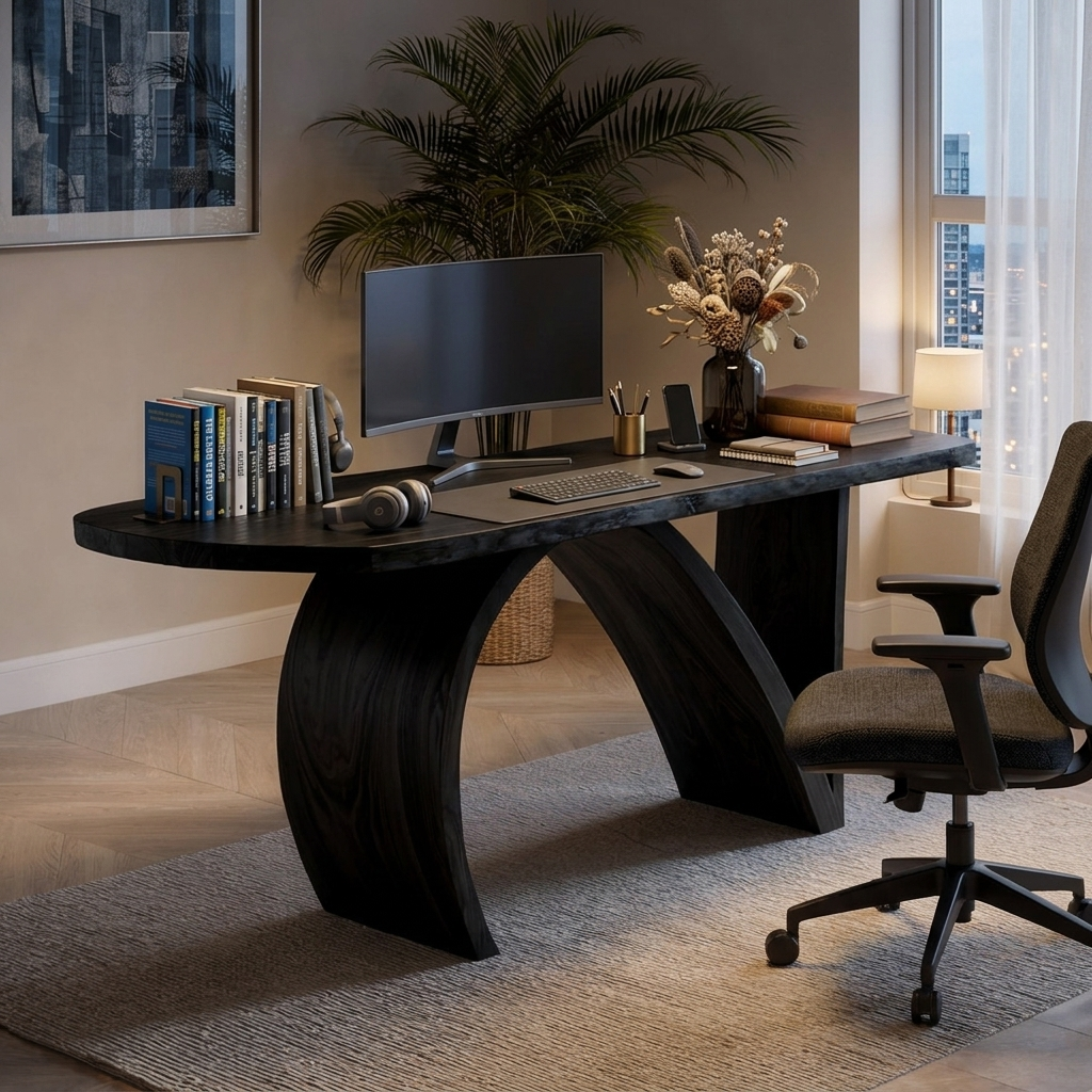 Contemporary Wooden Desk With Artistic Base For Home Workspace RTTHTTDE077
