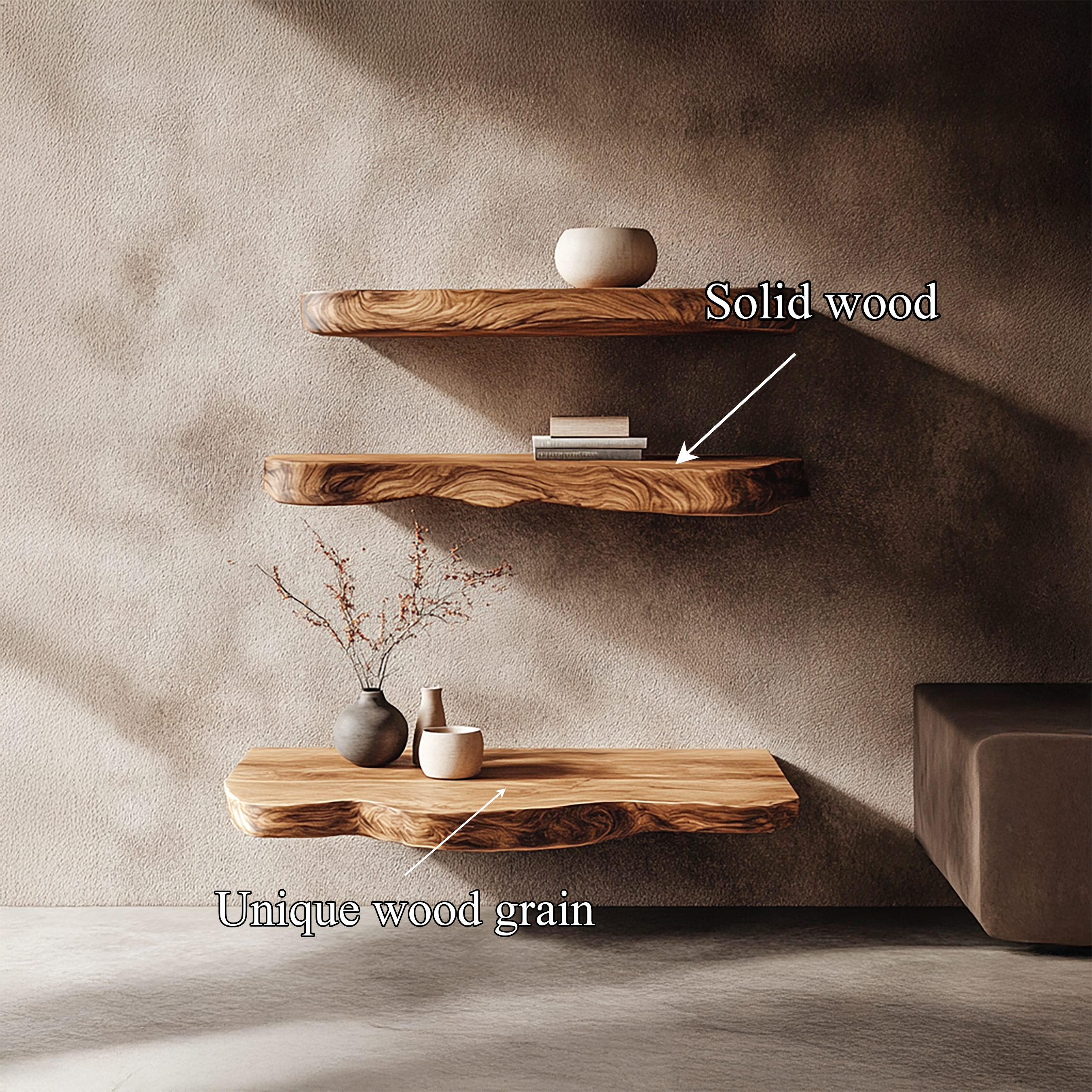 Rustic Nature Inspired Floating Display Shelves Solid Wood Living Room Interior Statement Feature SINLSAFL416