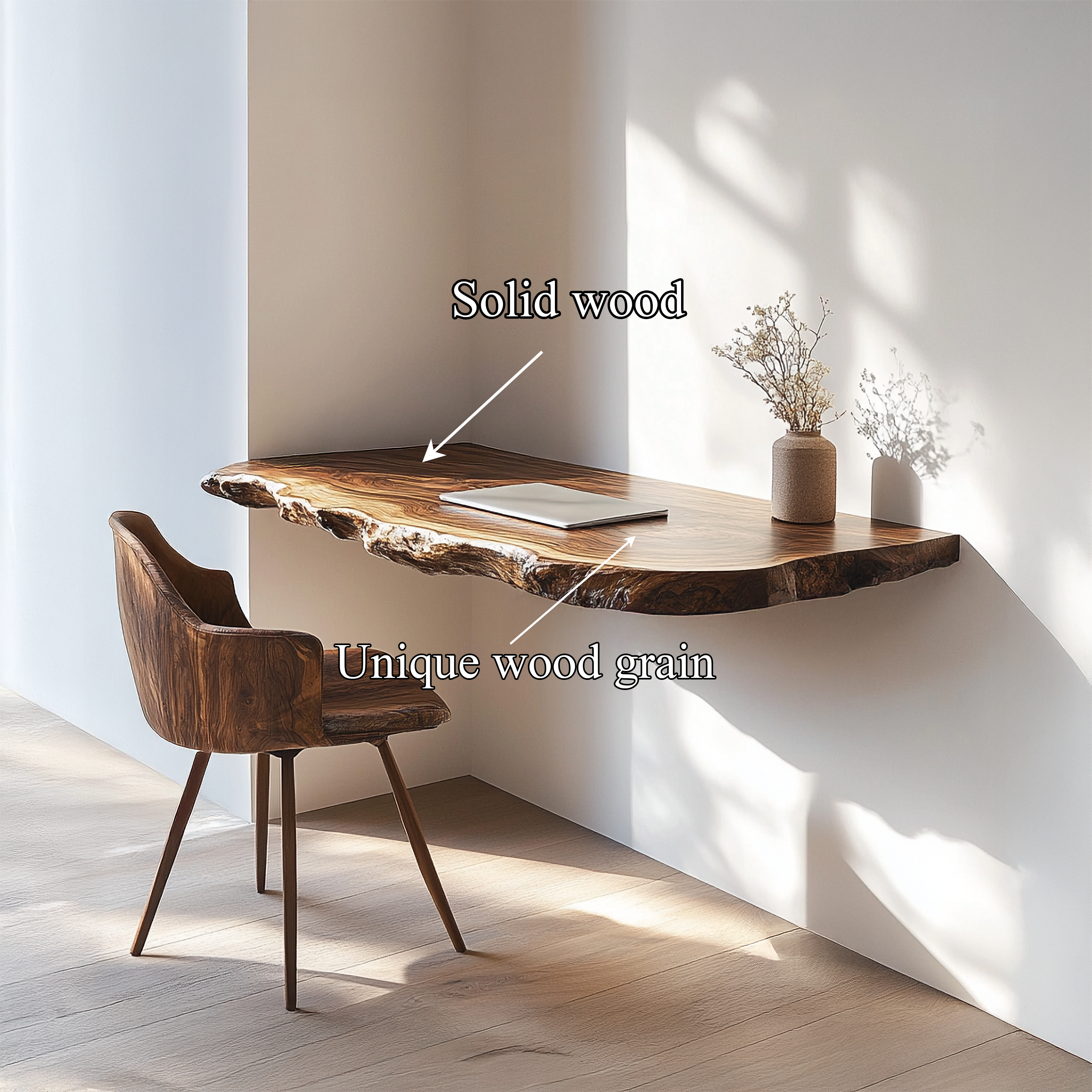 Rustic Live Edge Floating Desk Solid Wood Wall Mounted Office SINLSAFL350