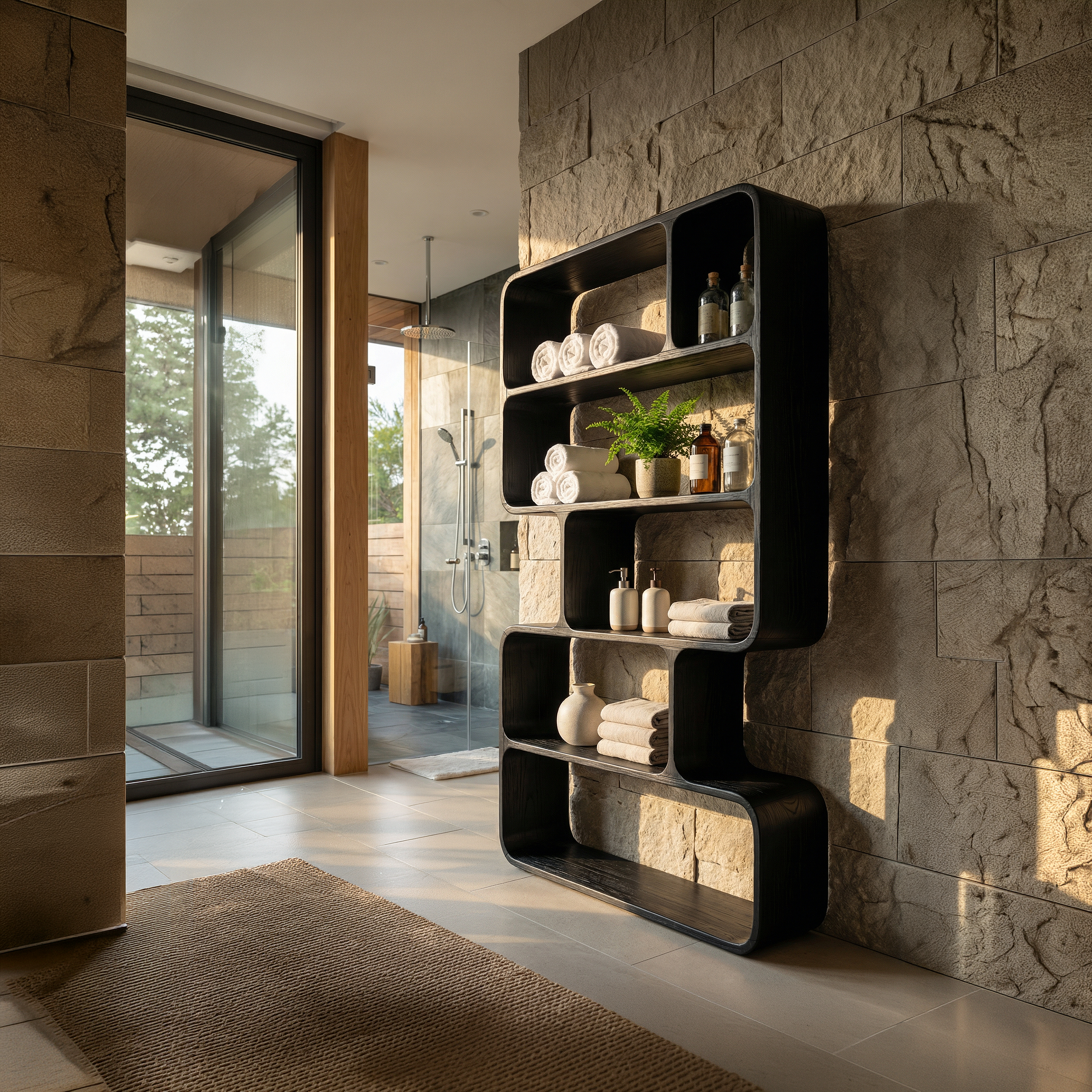 Japandi Sculptural Bookshelf Bathroom Storage Display SILDTTRBS016