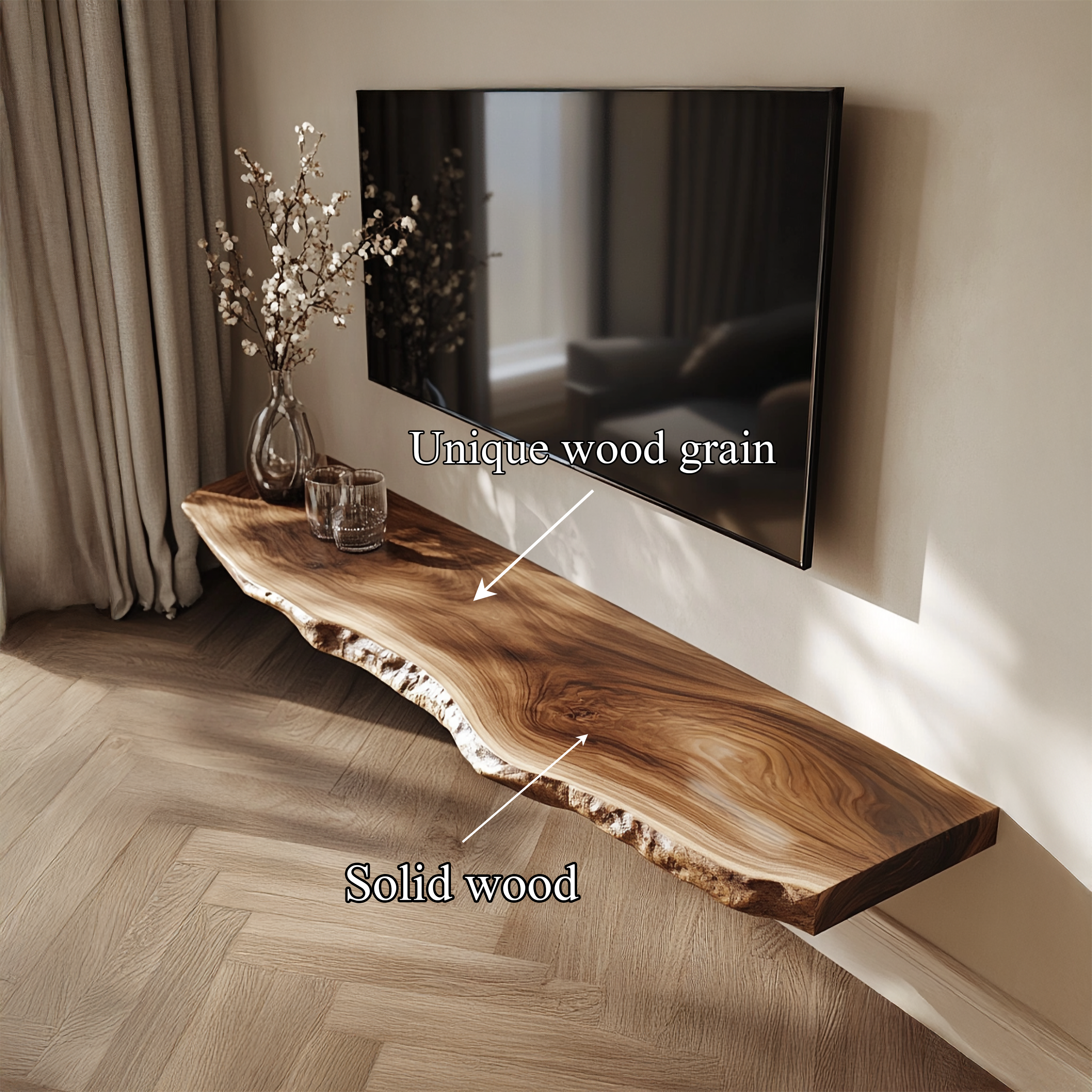 Live Edge Solid Wood Floating TV Console Organic Modern Living Room Interior SINLSAFL362
