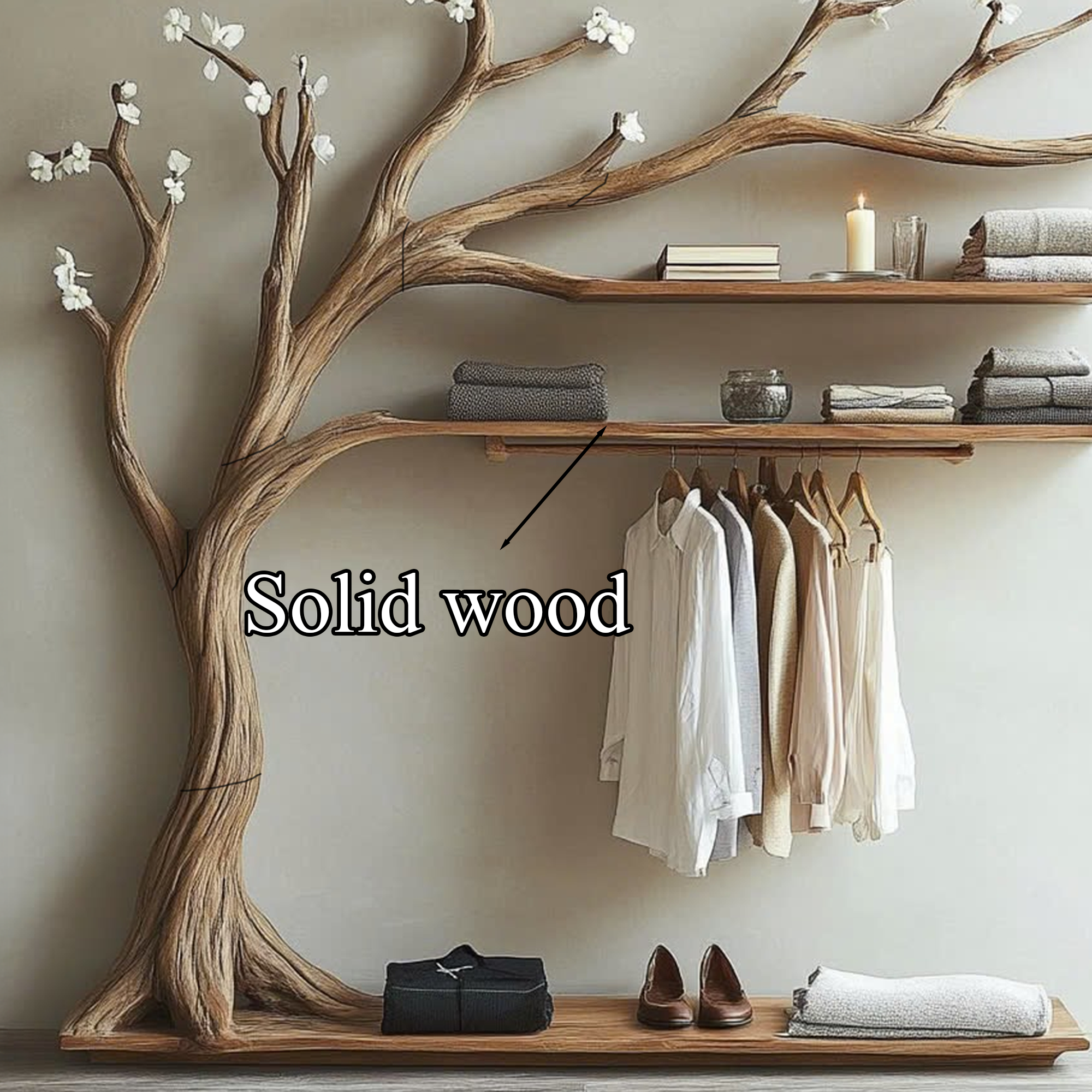 Wooden Wall Mounted Shelf Tree Branch Hanger Clothes SINLTB135