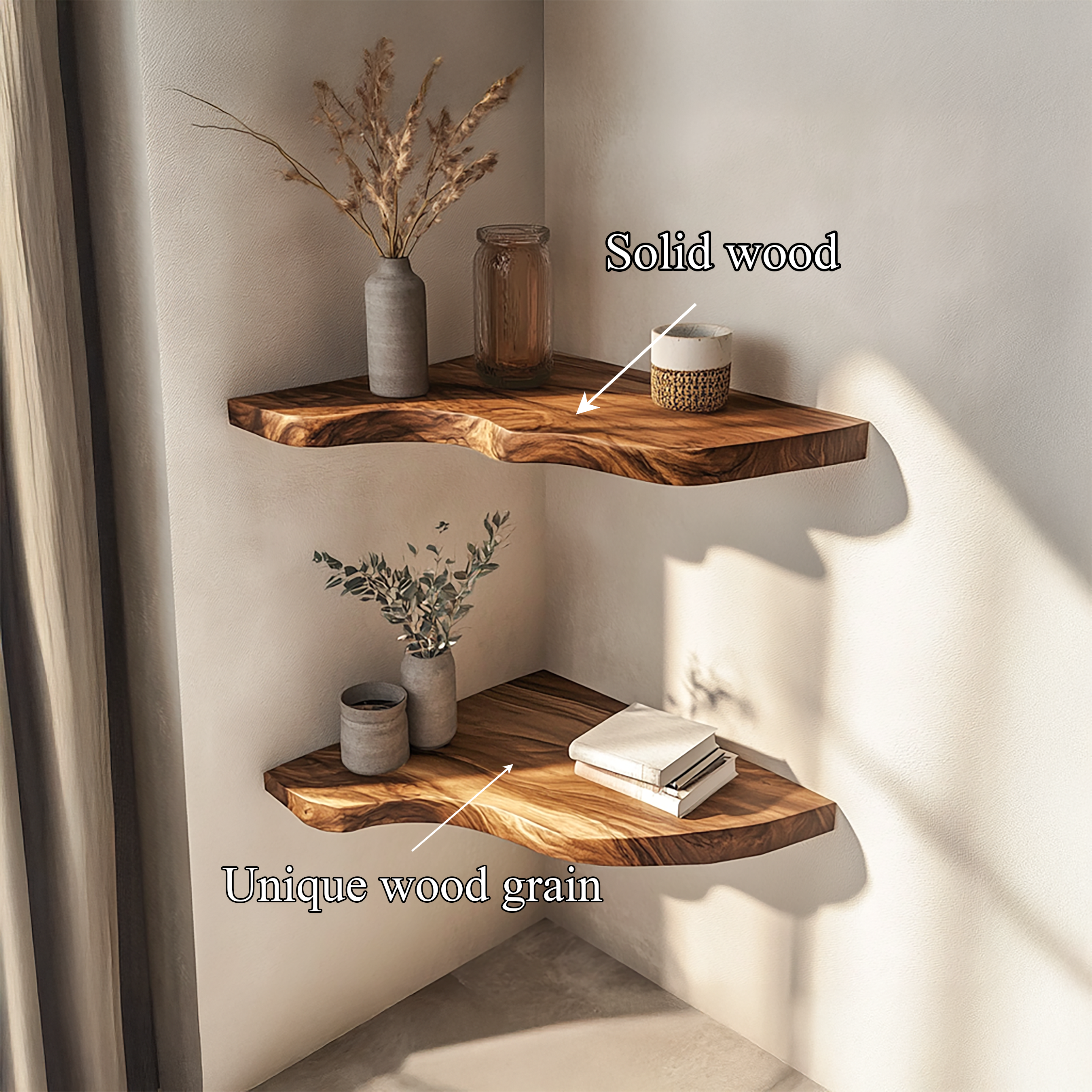 Rustic Sculptural Corner Floating Shelves Solid Wood Living Room Interior Statement Design SINLSAFL414
