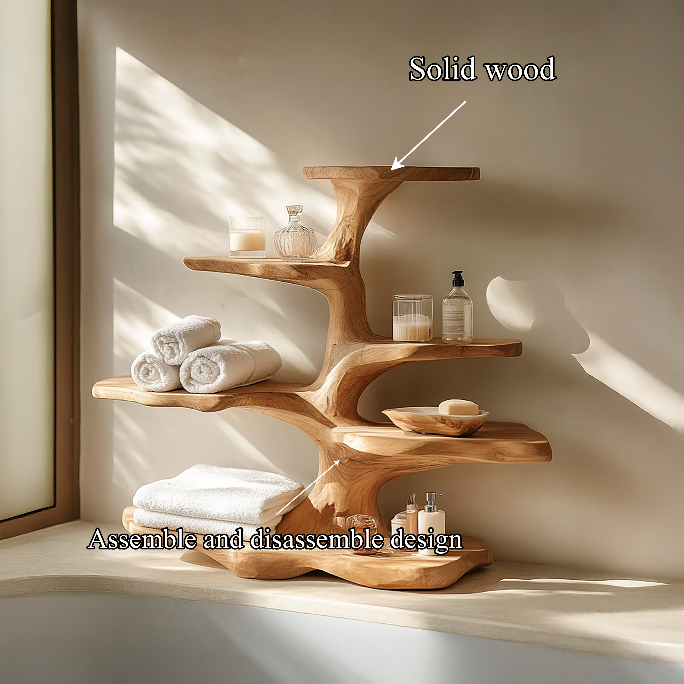 Organic Freestanding Tree Shelf For Bathroom Storage And Interior Decor SINLSABRD002