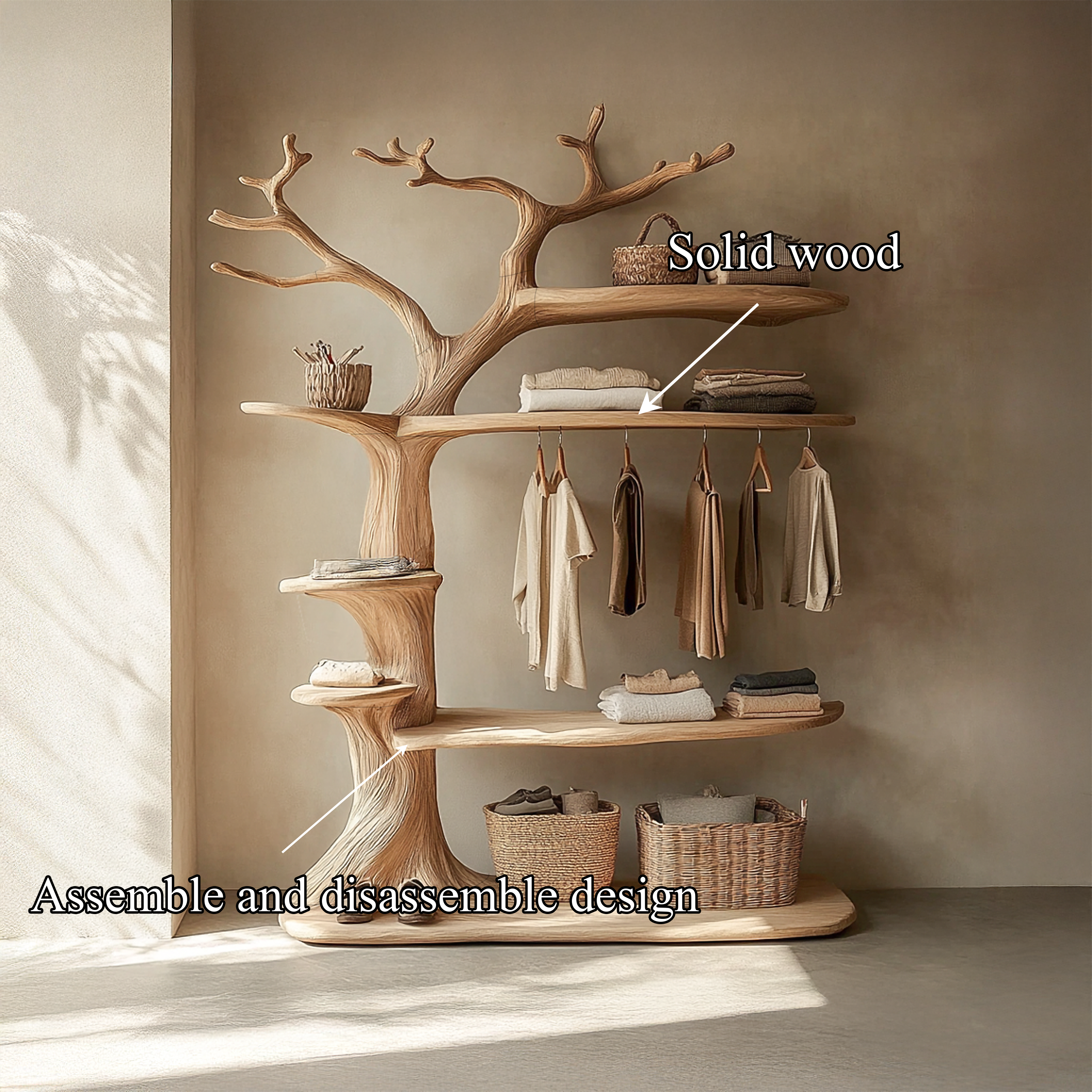 Rustic Tree Clothing Rack With Display Shelves For Bedroom SINLSATCR080