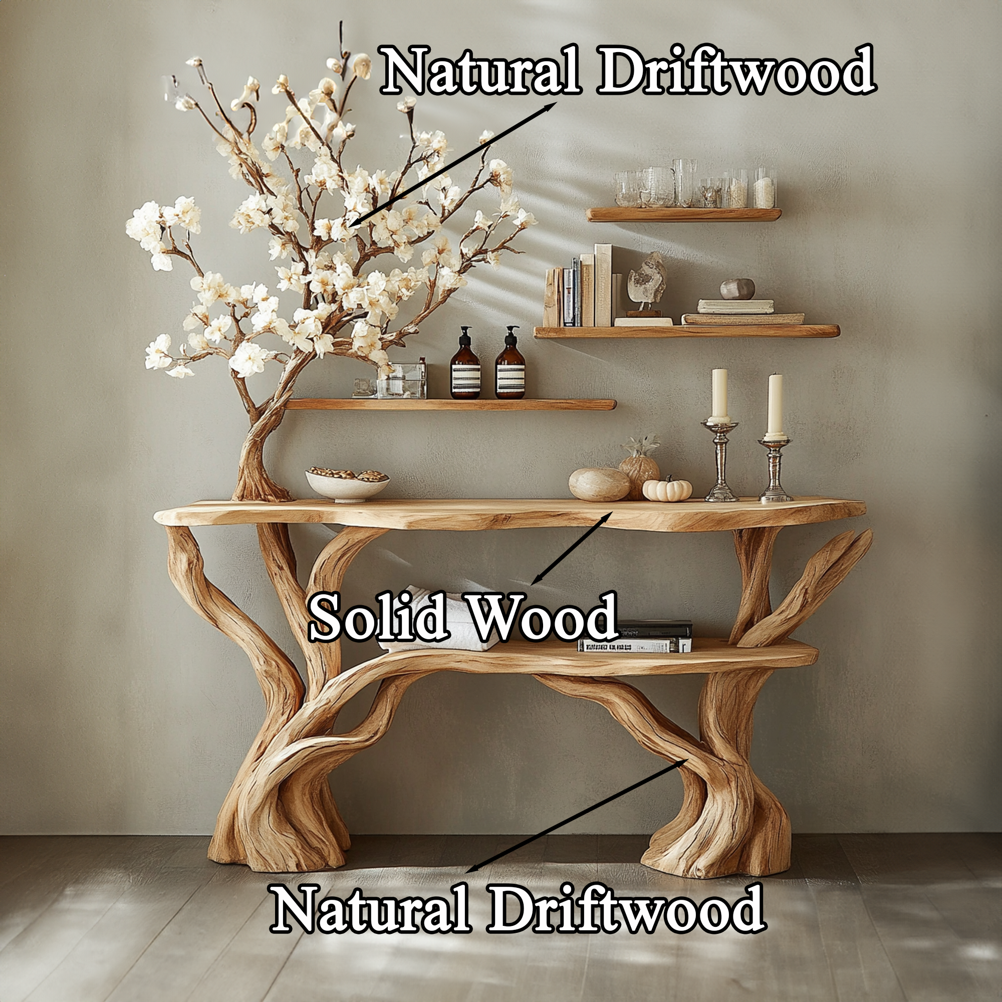 Narrow Console Table With Tree Branch Bookshelf SINLCS041
