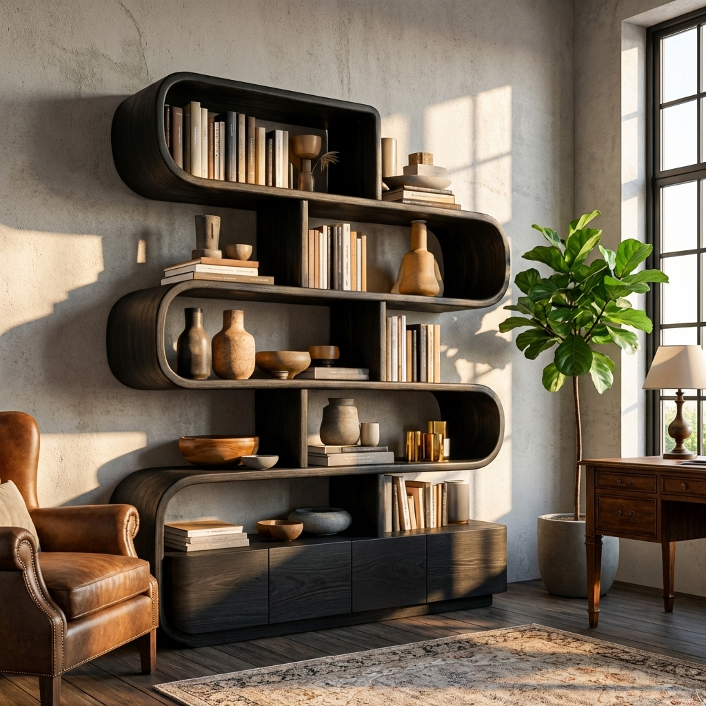 Organic Wooden Bookshelf With Flowing Form For Home Interior RTTHTTBS116