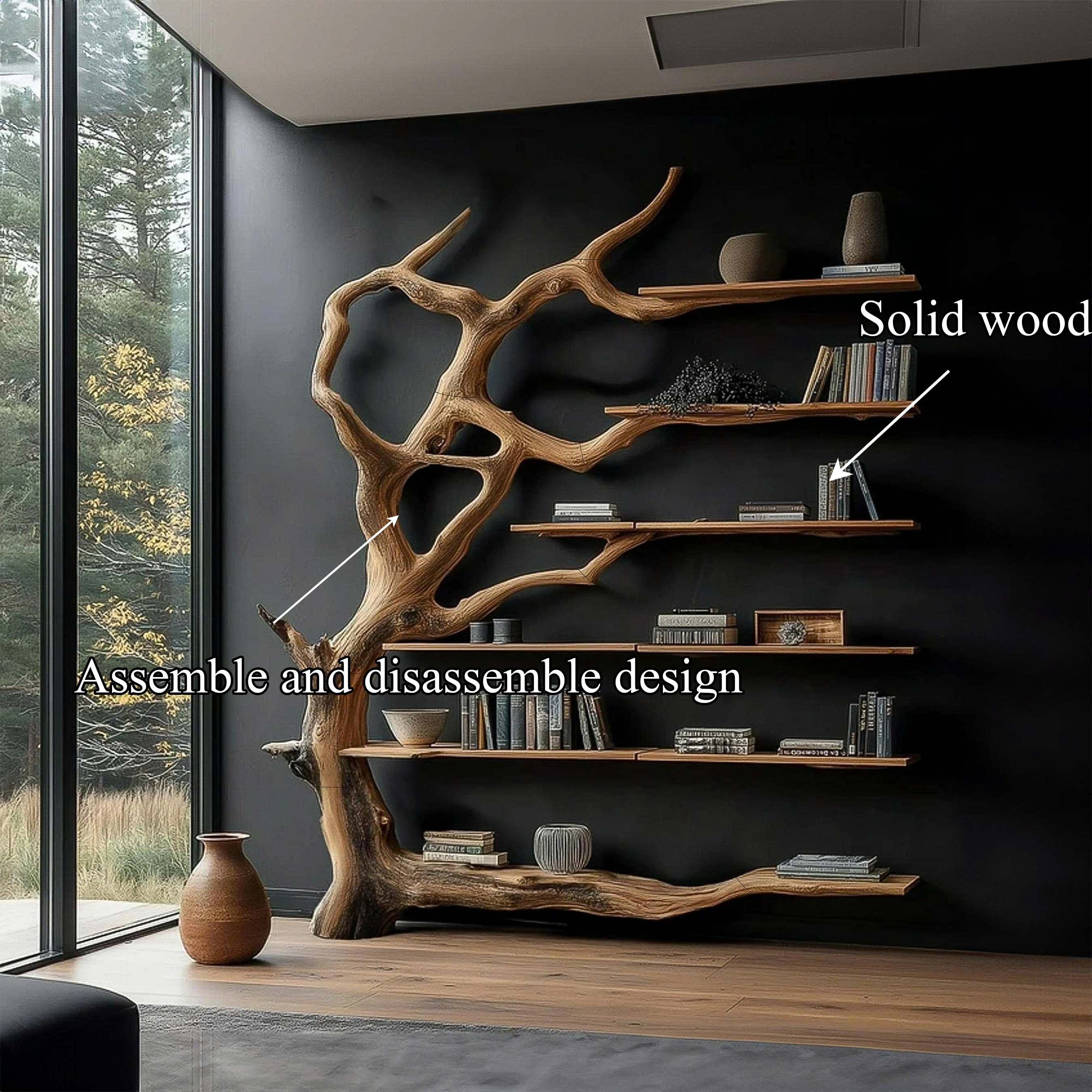 Wall Mounted Rustic Tree Bookcase Floating Shelf For Living Room Decor & Gift SINLSATB177
