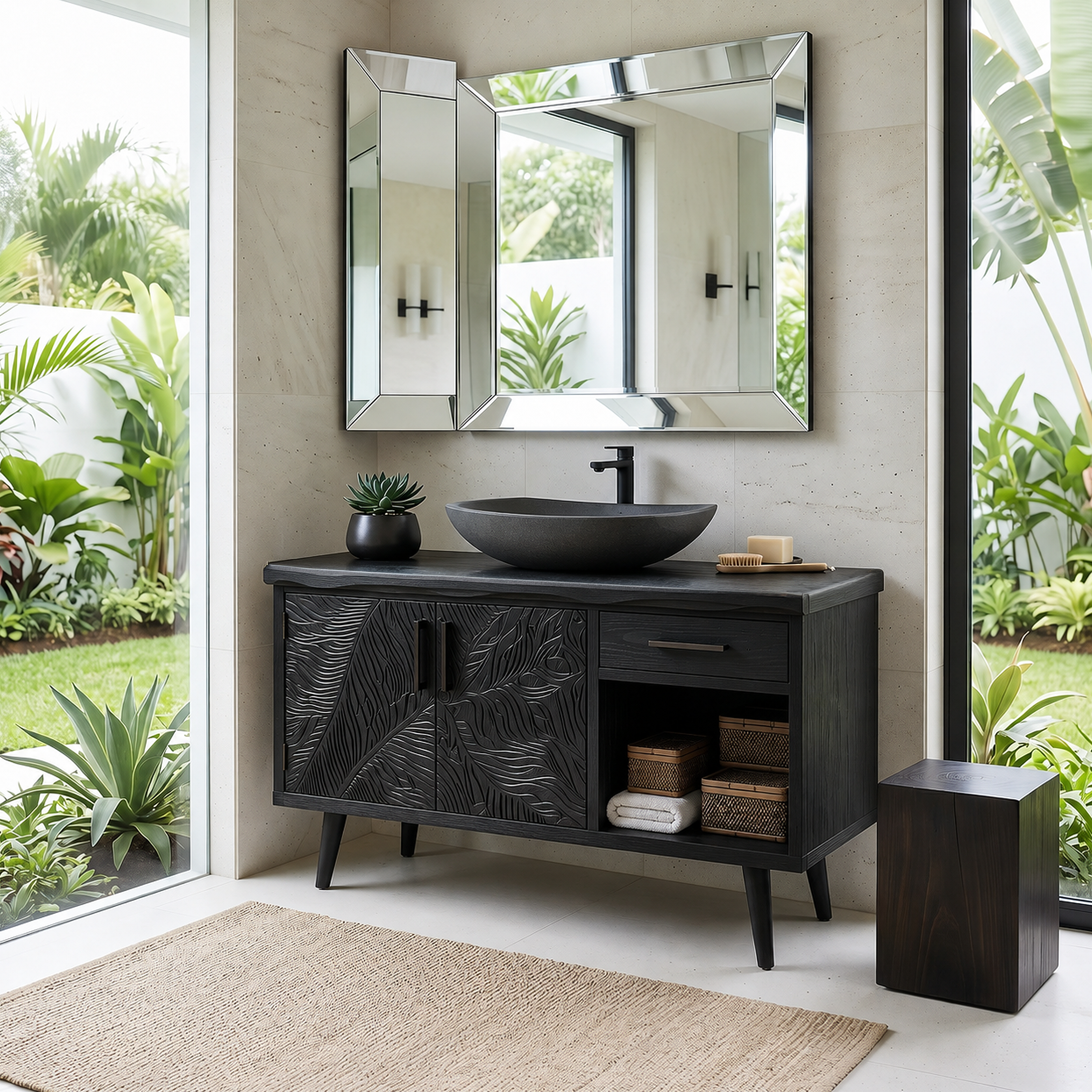 Luxury Wooden Vanity Cabinet With Leaf Carving Spa Bathroom SILDTTRBRV144