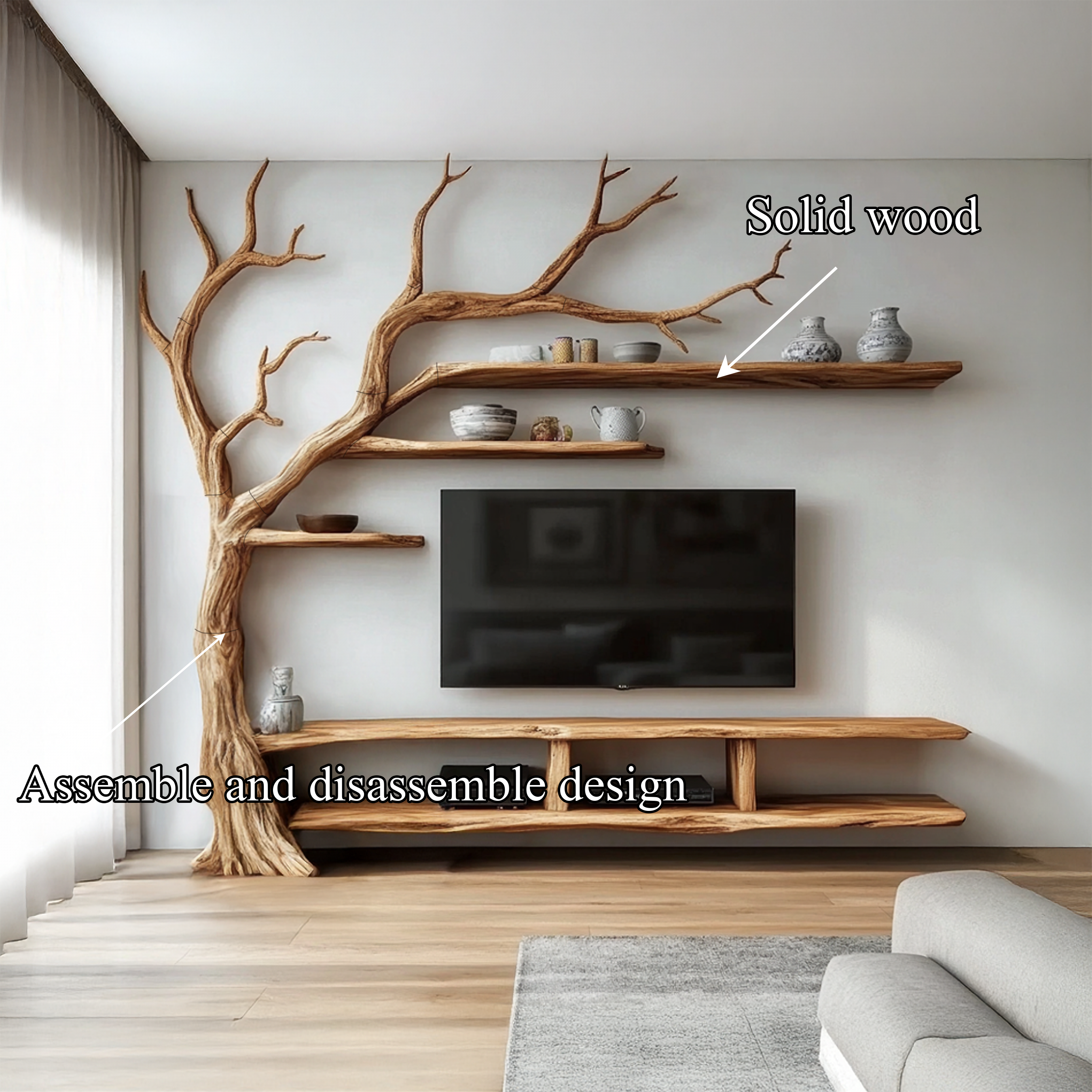 Rustic Organic Tree Wall TV Shelf Modern Home SINLSATB515