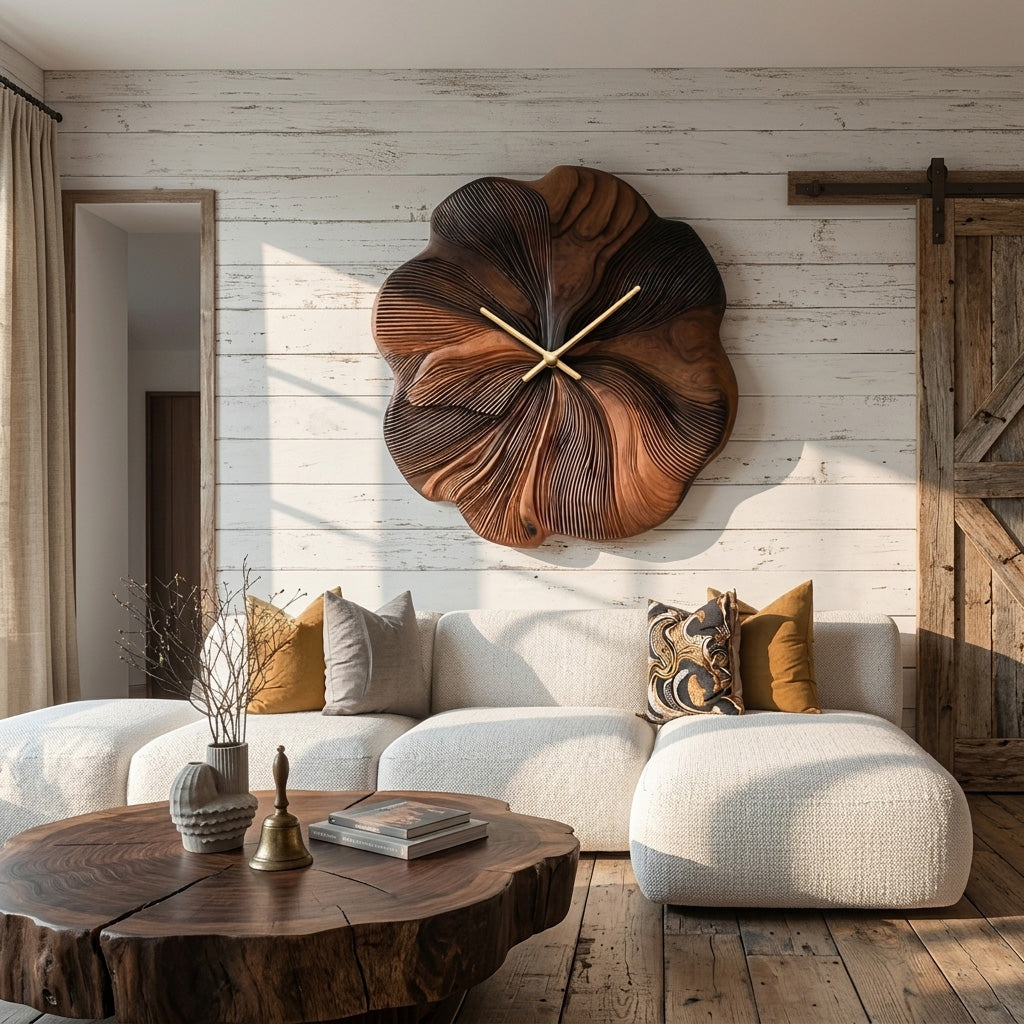 Contemporary Floral Wooden Wall Clock Decor For Living Room RTTHHNWAC021