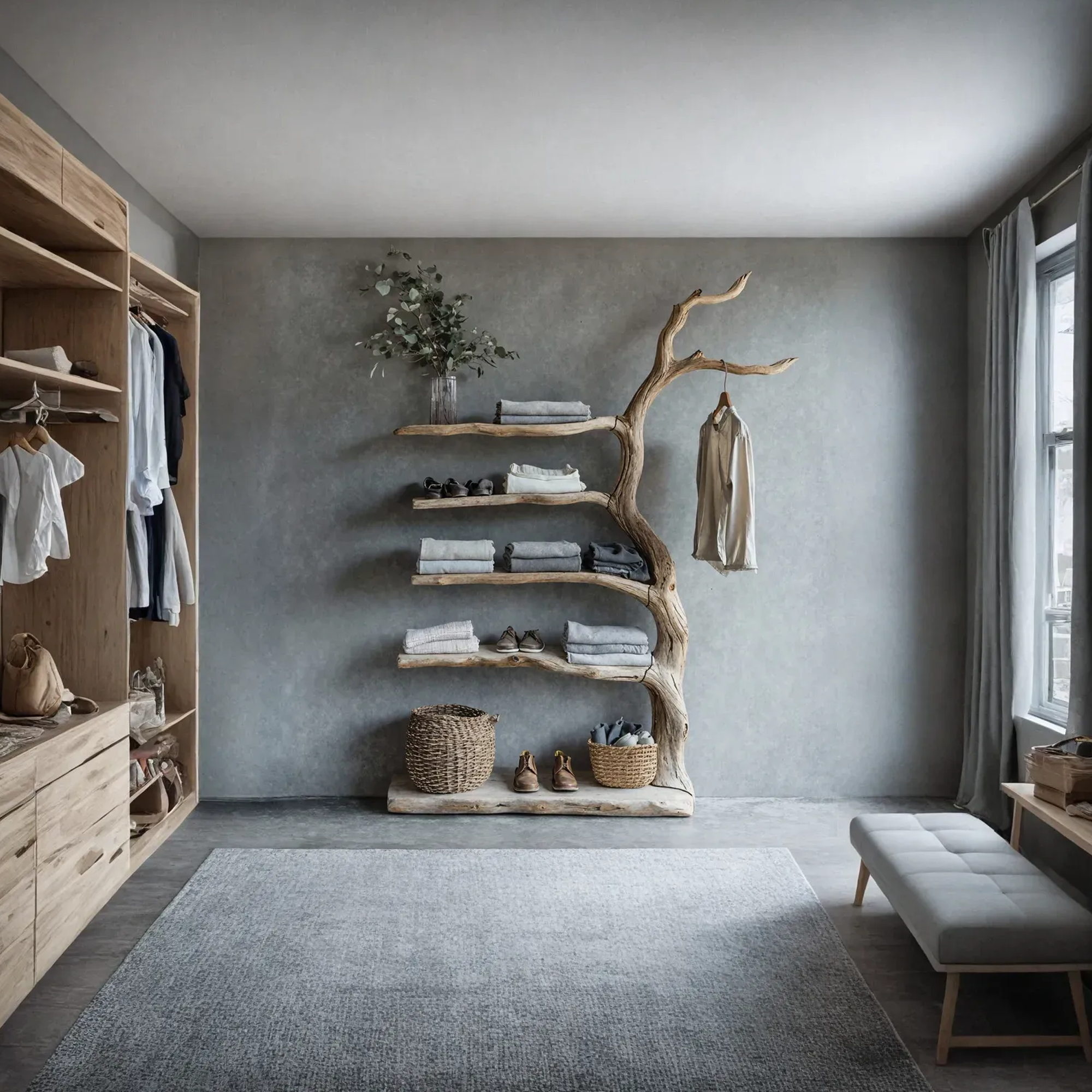 Driftwood Tree Branch Coat Rack With Shelf Shoe Storage SINLTB087