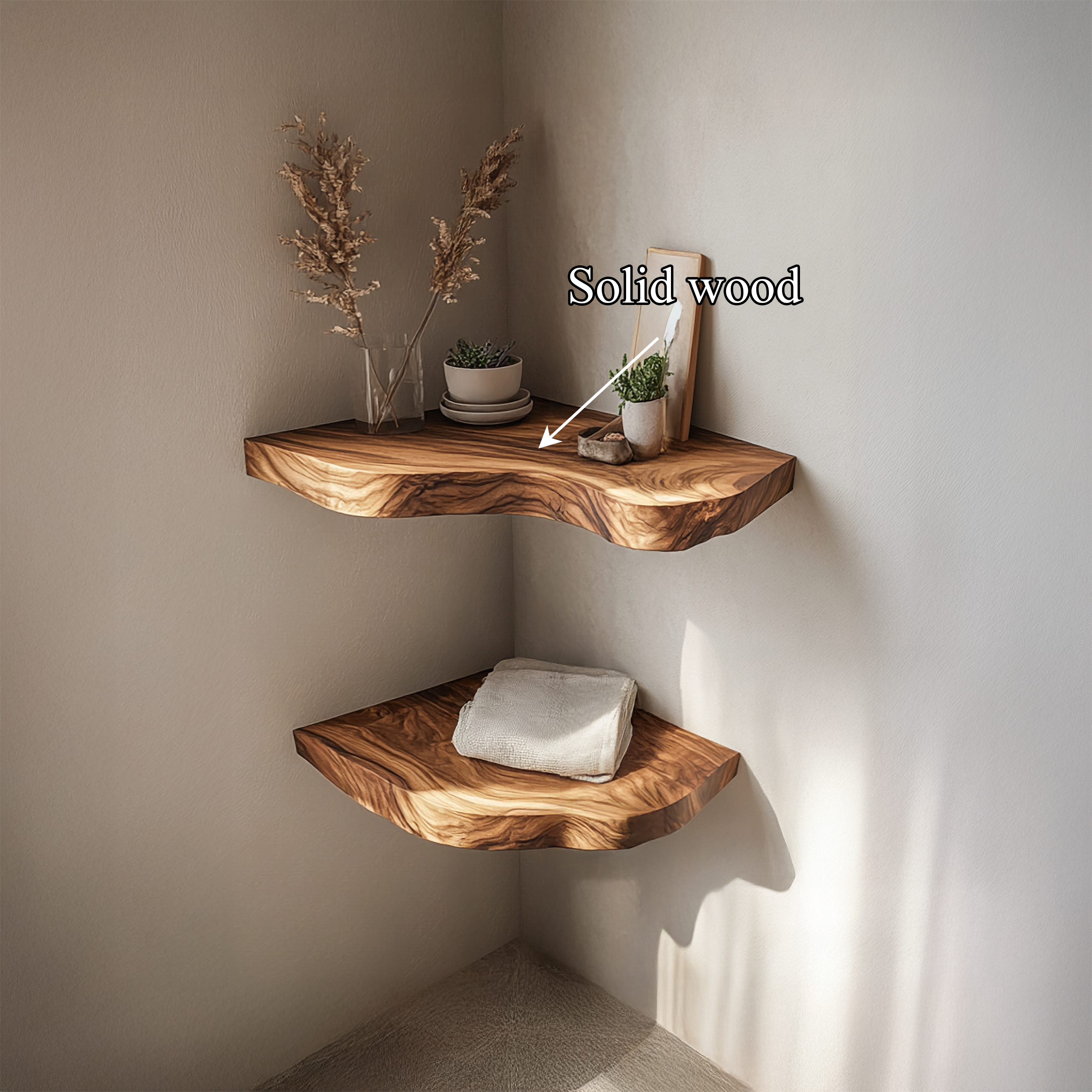 Rustic Live Edge Corner Floating Shelves Solid Wood Living Room Interior Display SINLSAFL420