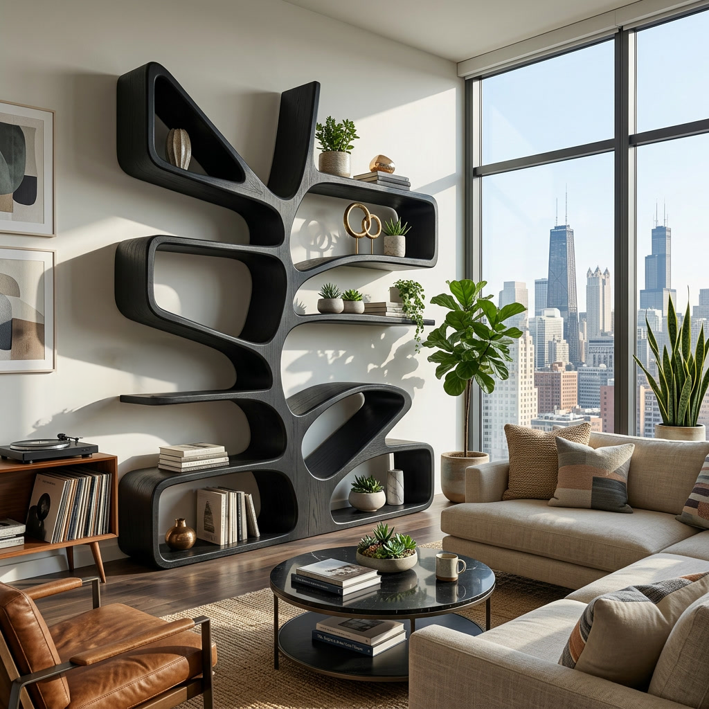 Organic Wooden Bookcase With Sculptural Form For Living Space RTTHTTBS130