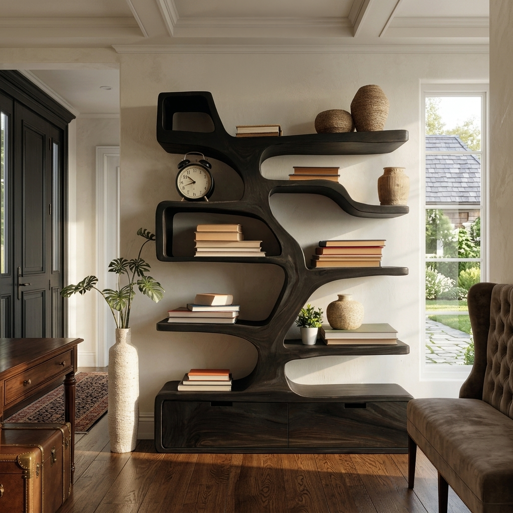 Contemporary Wooden Bookshelf Sculpted Design For Living Space RTTHTTBS125