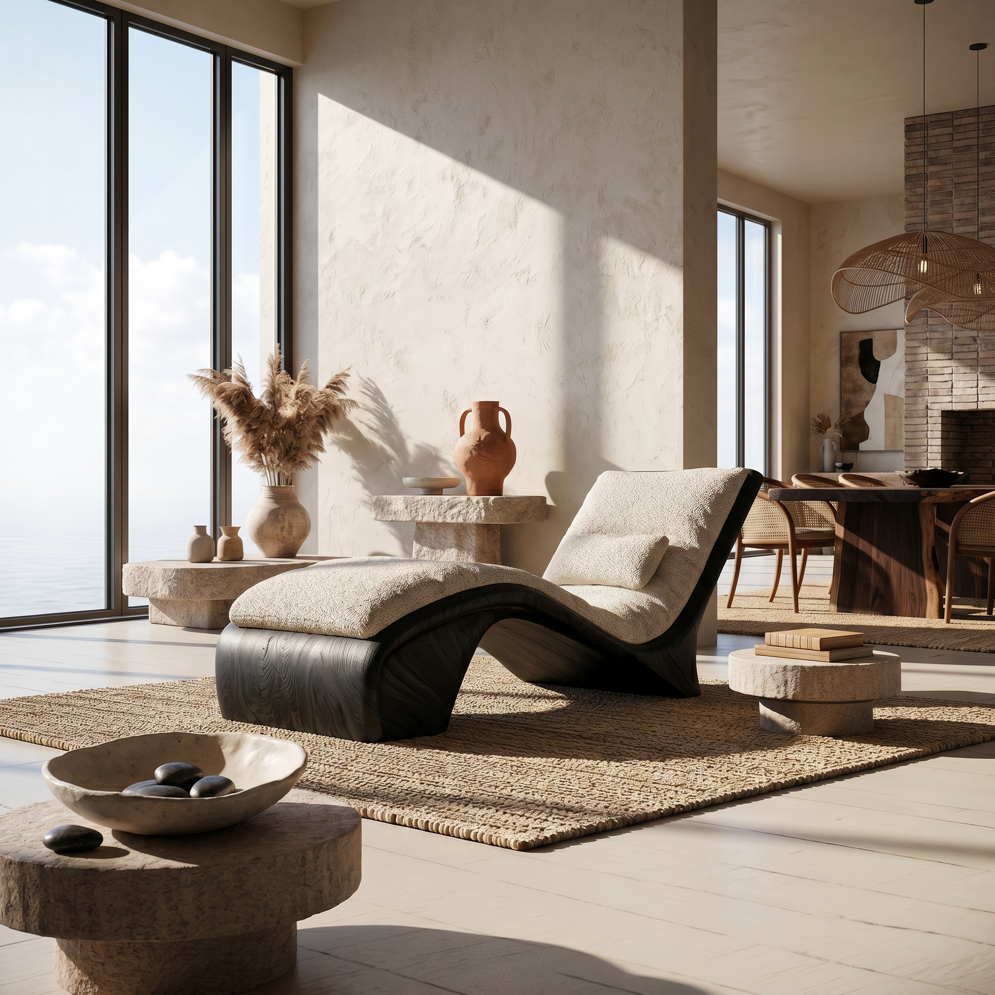 Sculptural Wood Chaise Lounge Coastal Modern Oceanfront Residence SILDTTRDB003