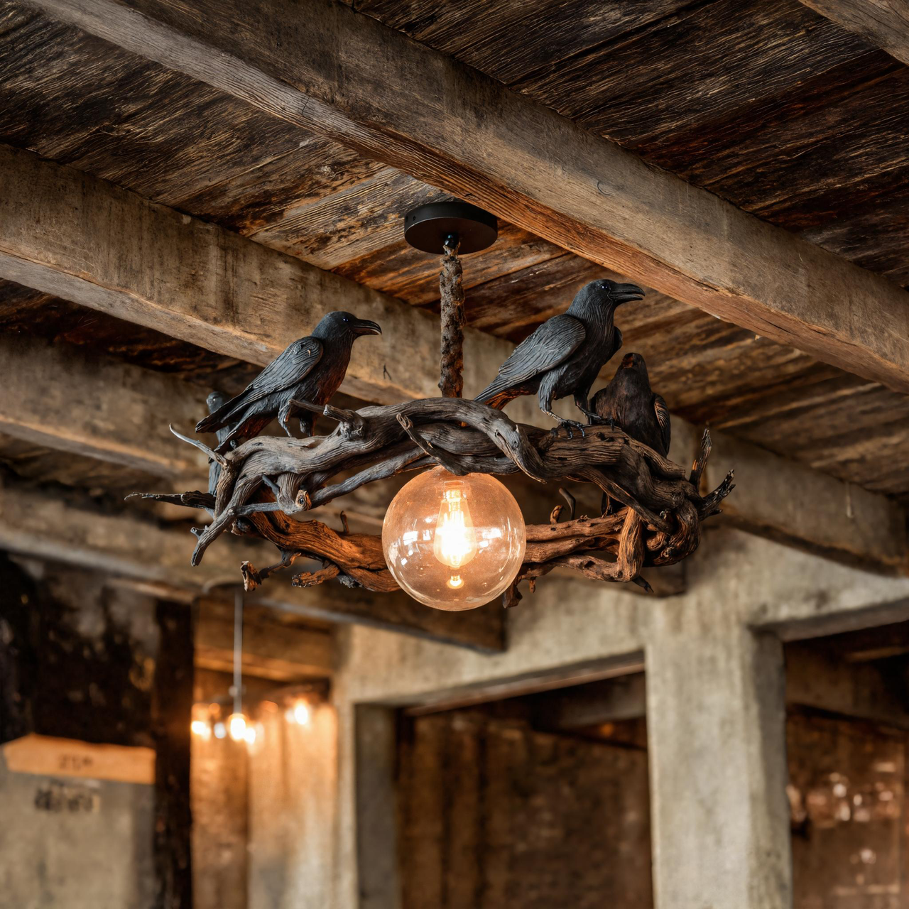 Rustic Driftwood Chandelier With Black Crow Accents For Home Decor SITHTTHW001