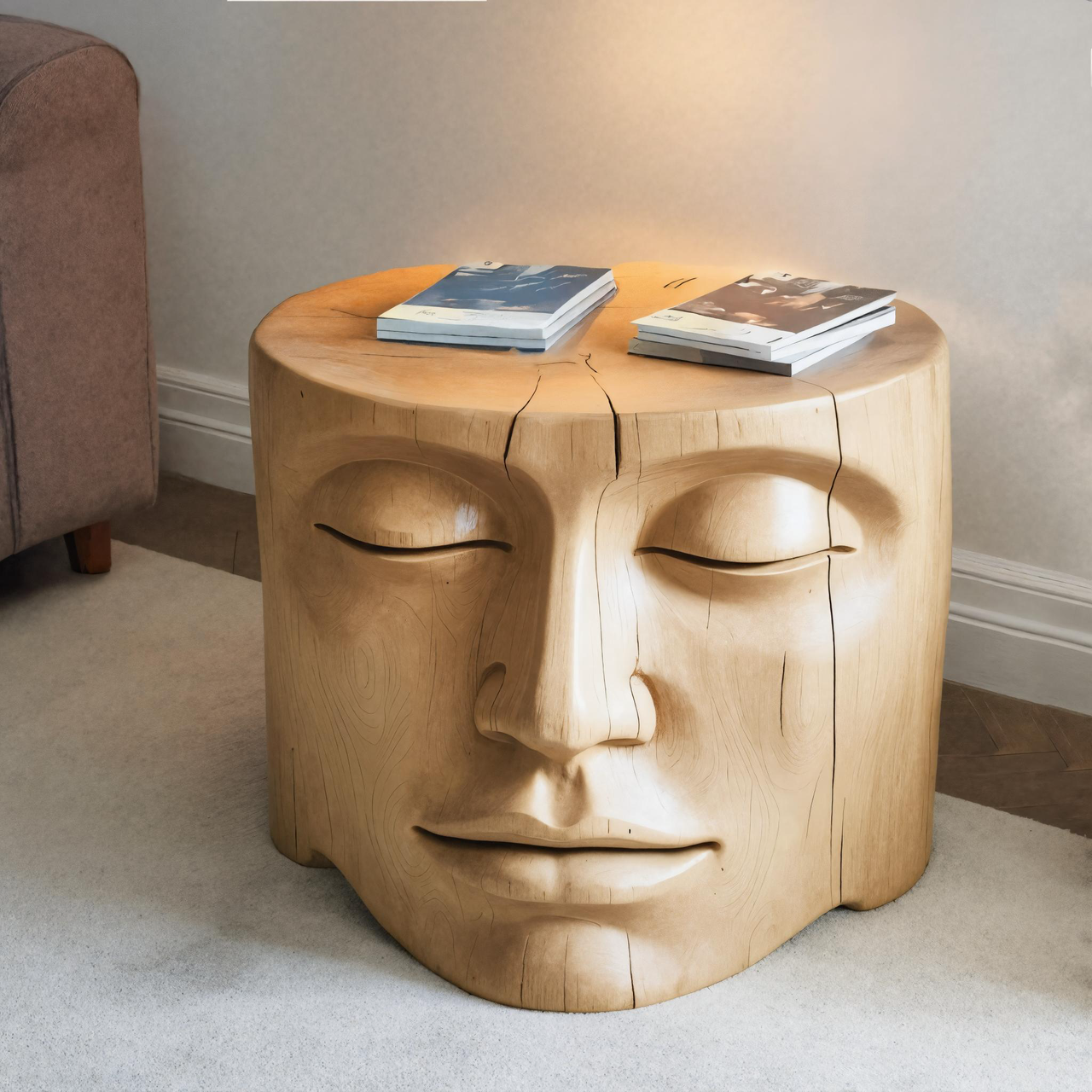 Modern Wood Face Side Table Sculptural Wooden Nightstand For Living Room Or Bedroom SITHHNSTA006
